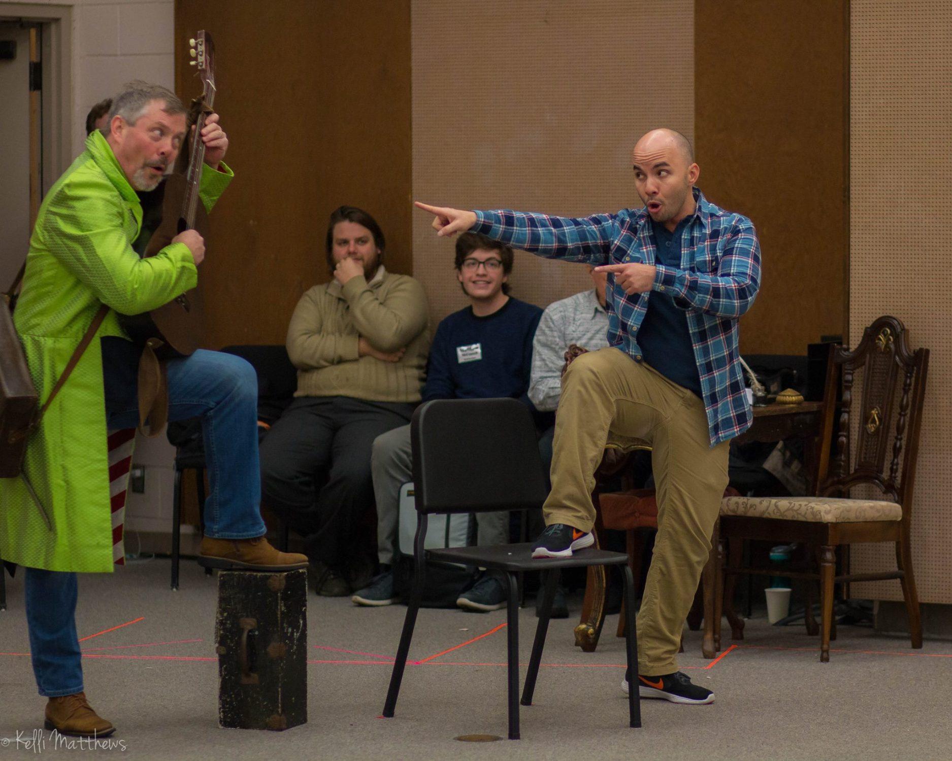 Figaro (Malcolm McKenzie, baritone) and Count Almaviva (Javier Abreu, tenor) come up with a plan in a room rehearsal of Eugene Opera's production of "The Barber of Seville."