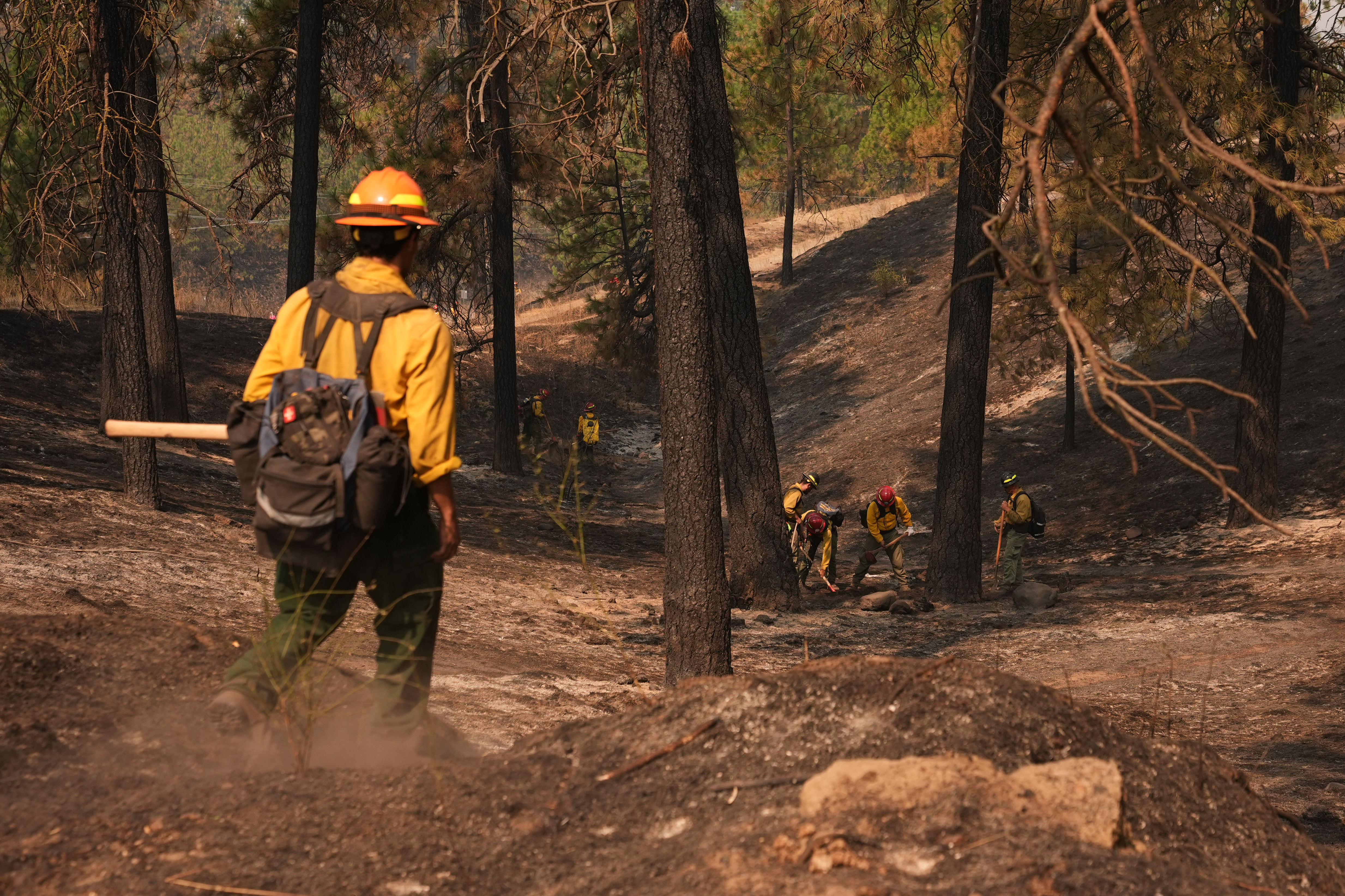 Firefighters inspect an area at Wyakin Park after a wildfire hit the northern part of Spokane, Wash., Tuesday, Aug. 4, 2026.