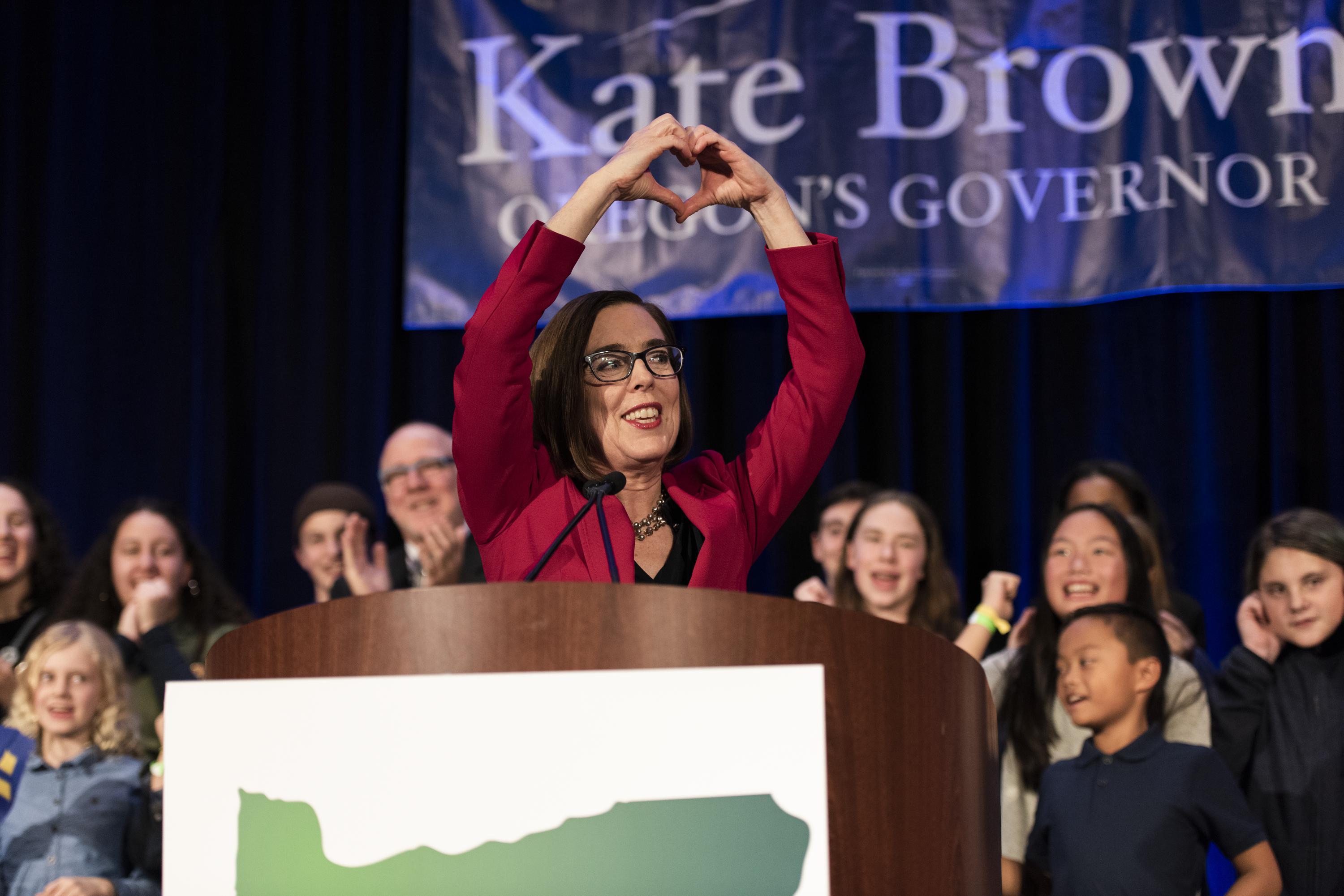 Gov. Kate Brown celebrates her Election Night victory at the Democratic Party of Oregon 2018 election party on Nov. 6, 2018 in Portland, Oregon.