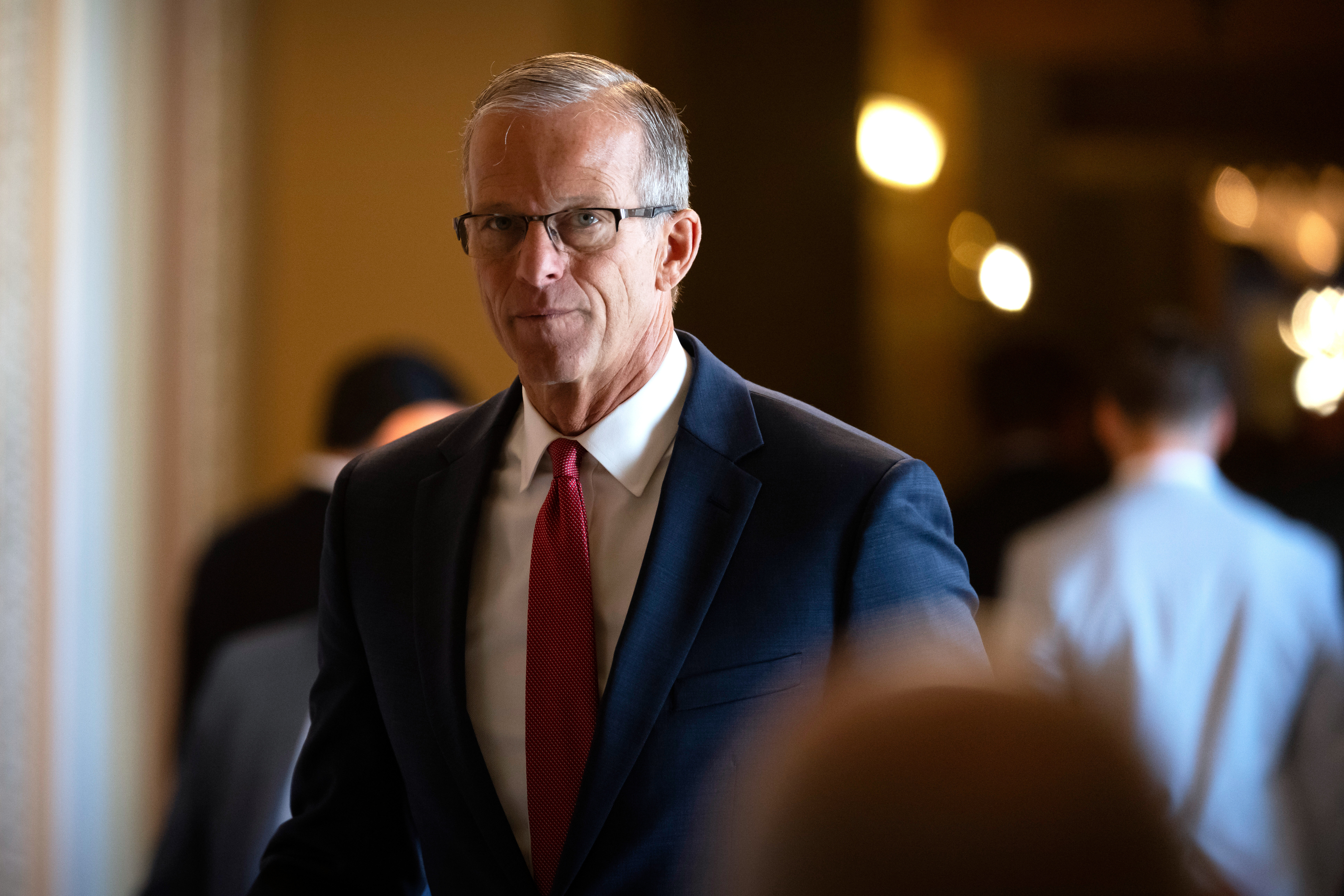 Senate Majority Leader John Thune, of S.D., walks toward the Senate chamber at the Capitol, Wednesday, July 16, 2025, in Washington.