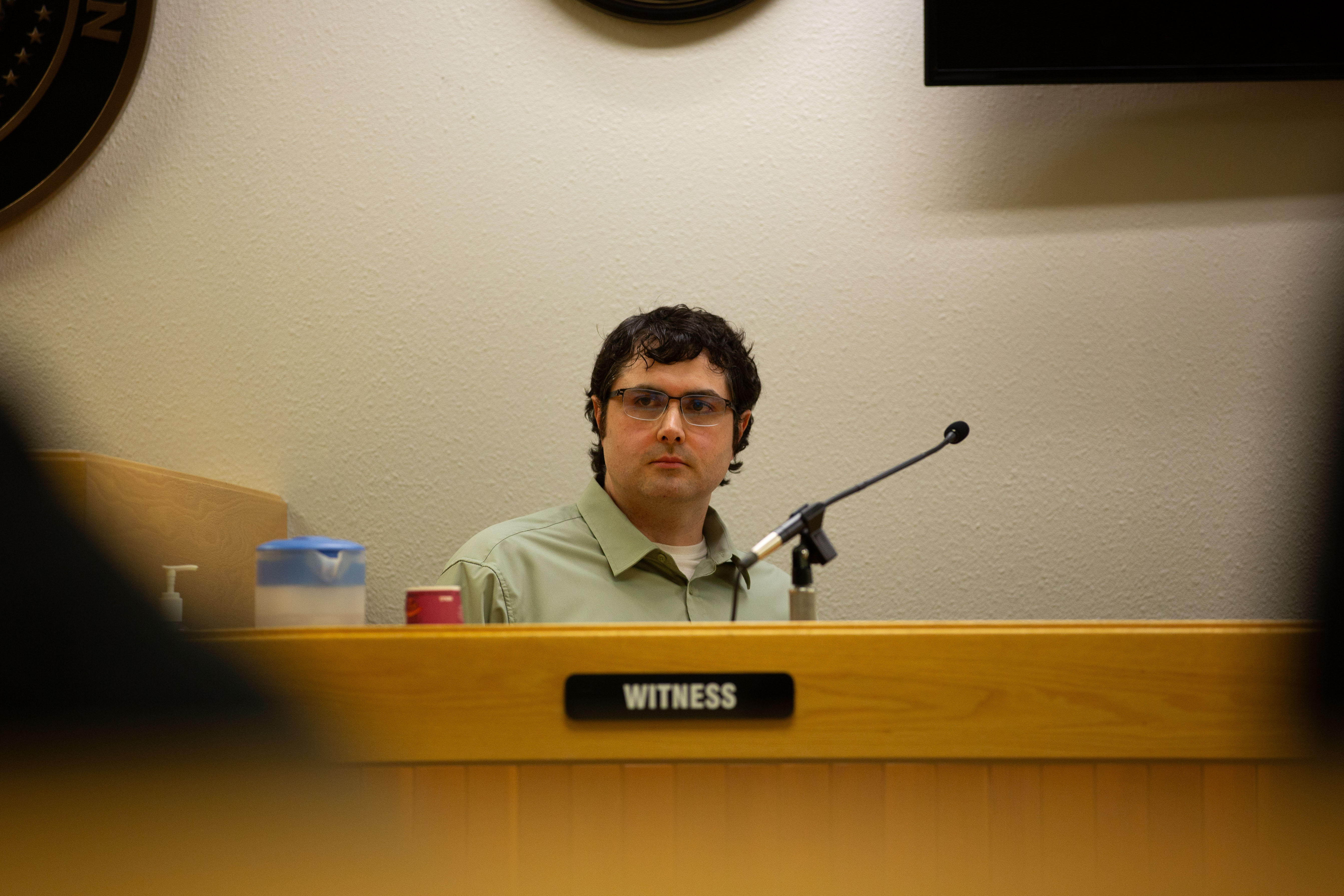 Samson Garner testifies in Deschutes County Circuit Court in Bend, Ore. on Sep. 8, 2025. Garner was found guilty of 26 felony counts including attempted murder in the first degree.