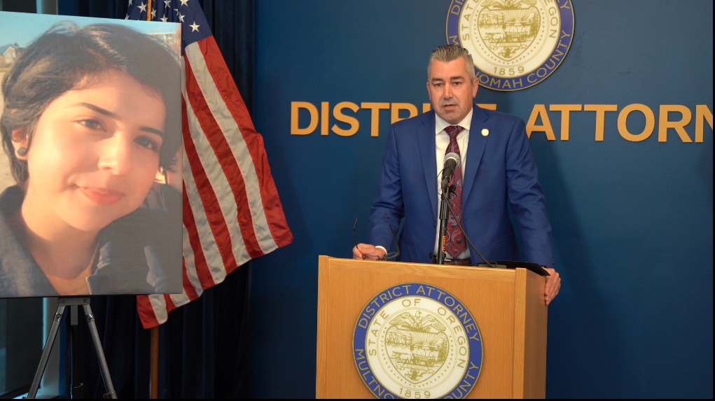 Multnomah County District Attorney Nathan Vasquez speaks at a news conference on May 26, 2026, announcing charges in the death of Ashley Real.