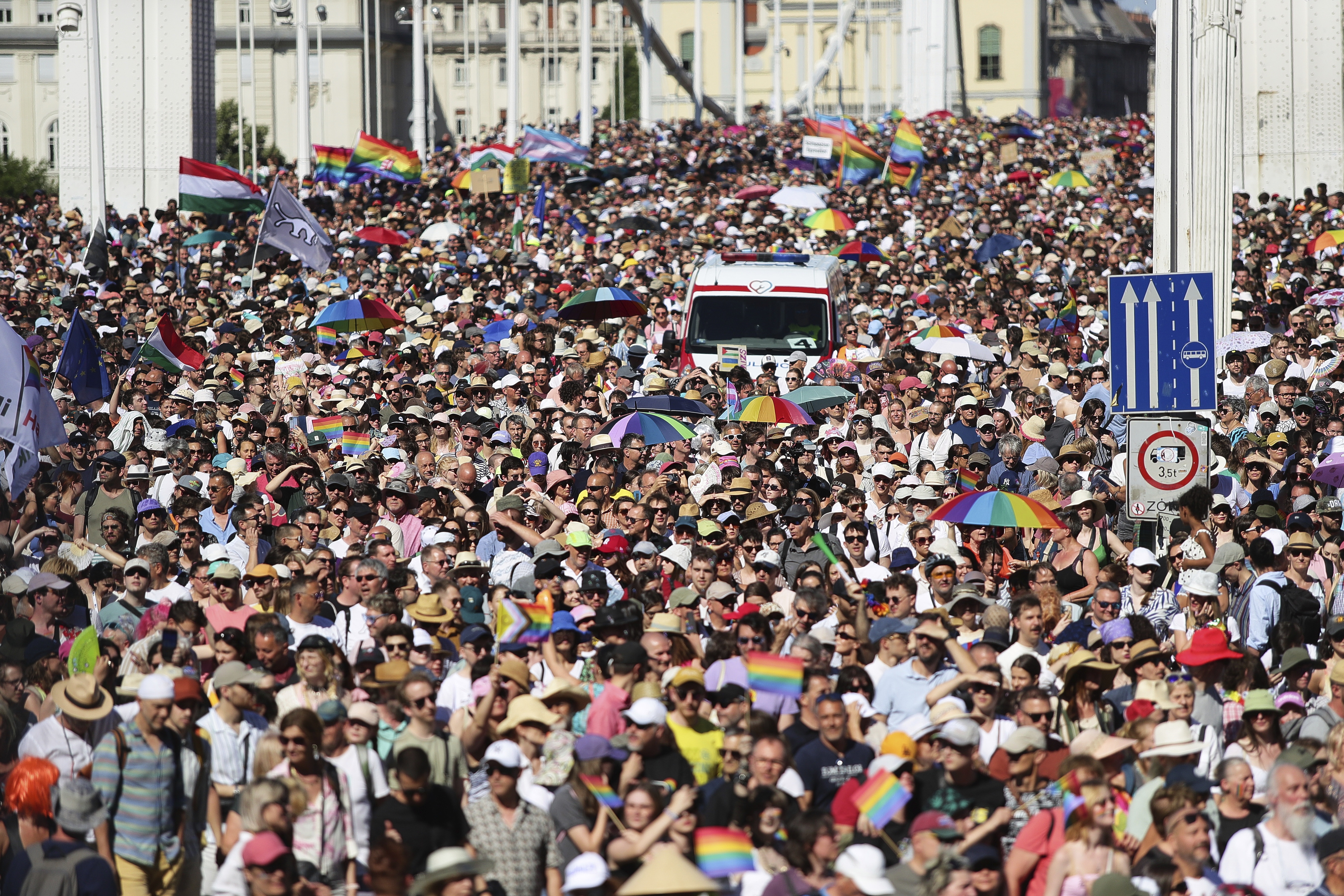 Participants in the Pride march cross the Elisabeth Bridge in Budapest, Hungary, on Saturday.