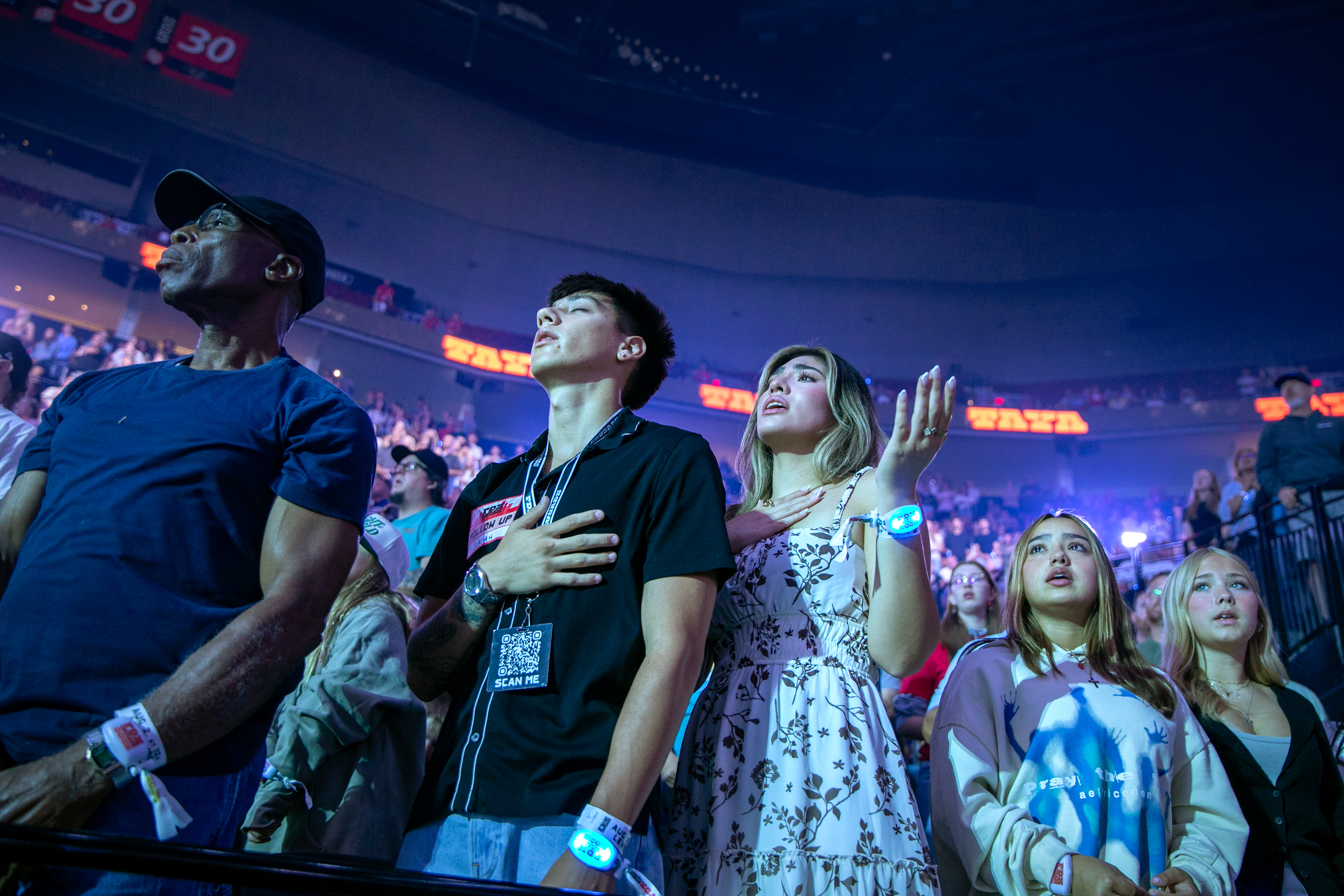 PDX Crusade attendees take part in the event’s live musical worship in the Moda Center in Portland, Ore., Aug. 2, 2025. This free two-day event set out to spread the gospel in the city of Portland and to allow the “lost” an opportunity to be saved by Jesus, according to event organizers. 