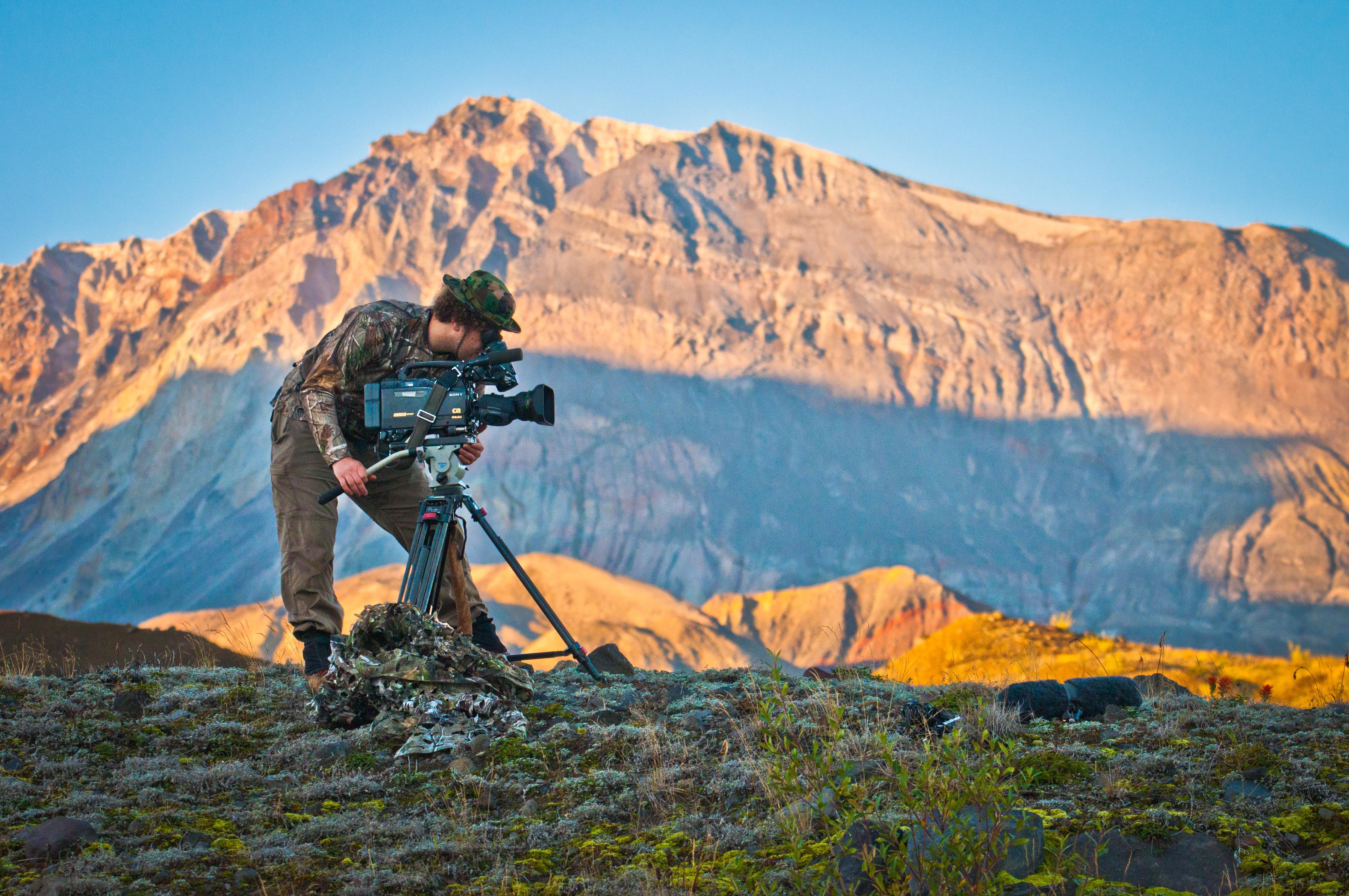 OPB's senior videographer Michael Bendixen filming at Mount St. Helens.