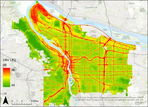 This provided photo shows a preliminary map of average noise levels from a prediction model calibrated to noise measurements that OSU researchers took in Portland in an effort to better understand noise pollution in the city.