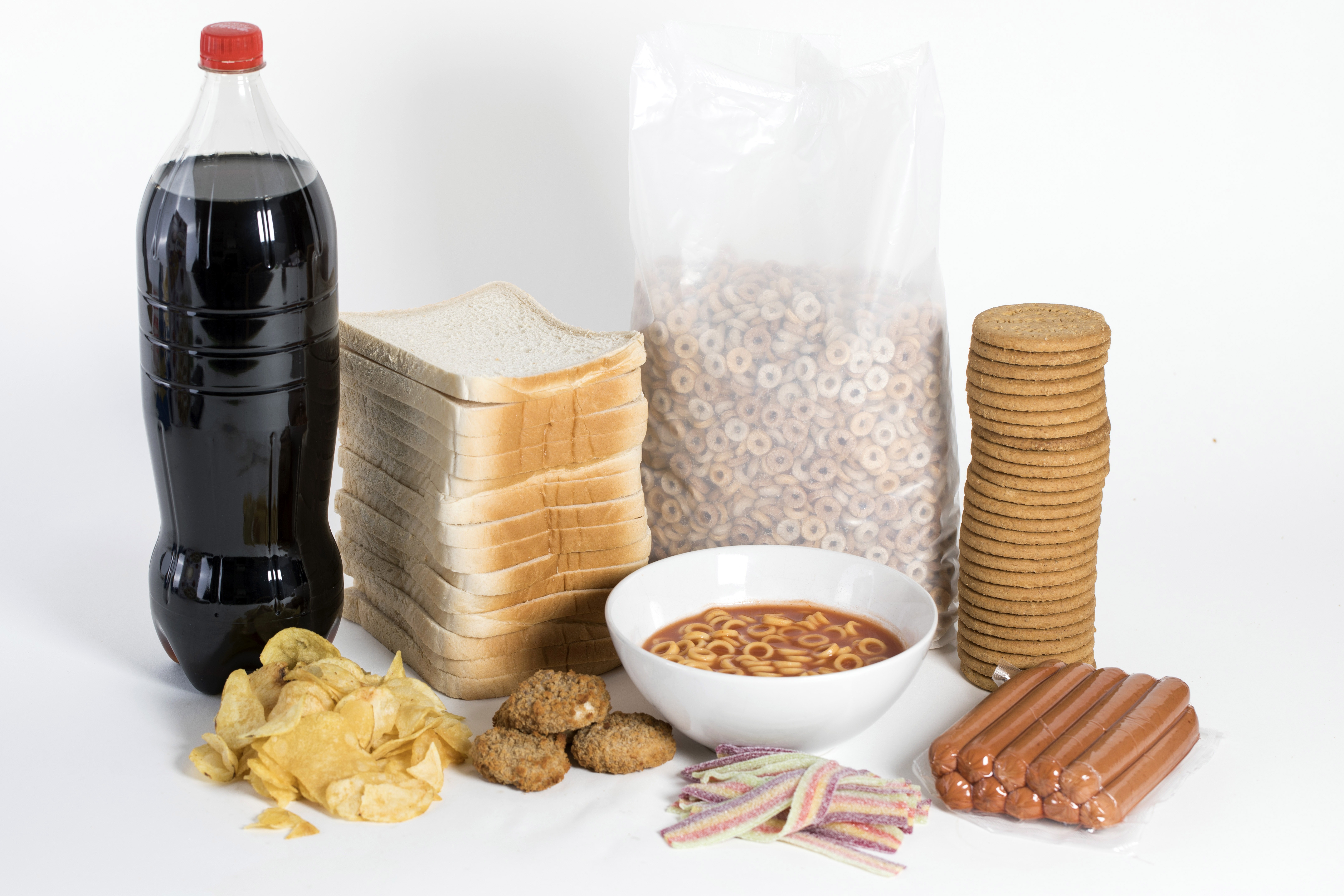 A collection of highly processed inexpensive foods: soda bottle, packaged bread, chips, canned pasta, boxed cereal, cookies, hot dogs and processed nuggets against a white background
