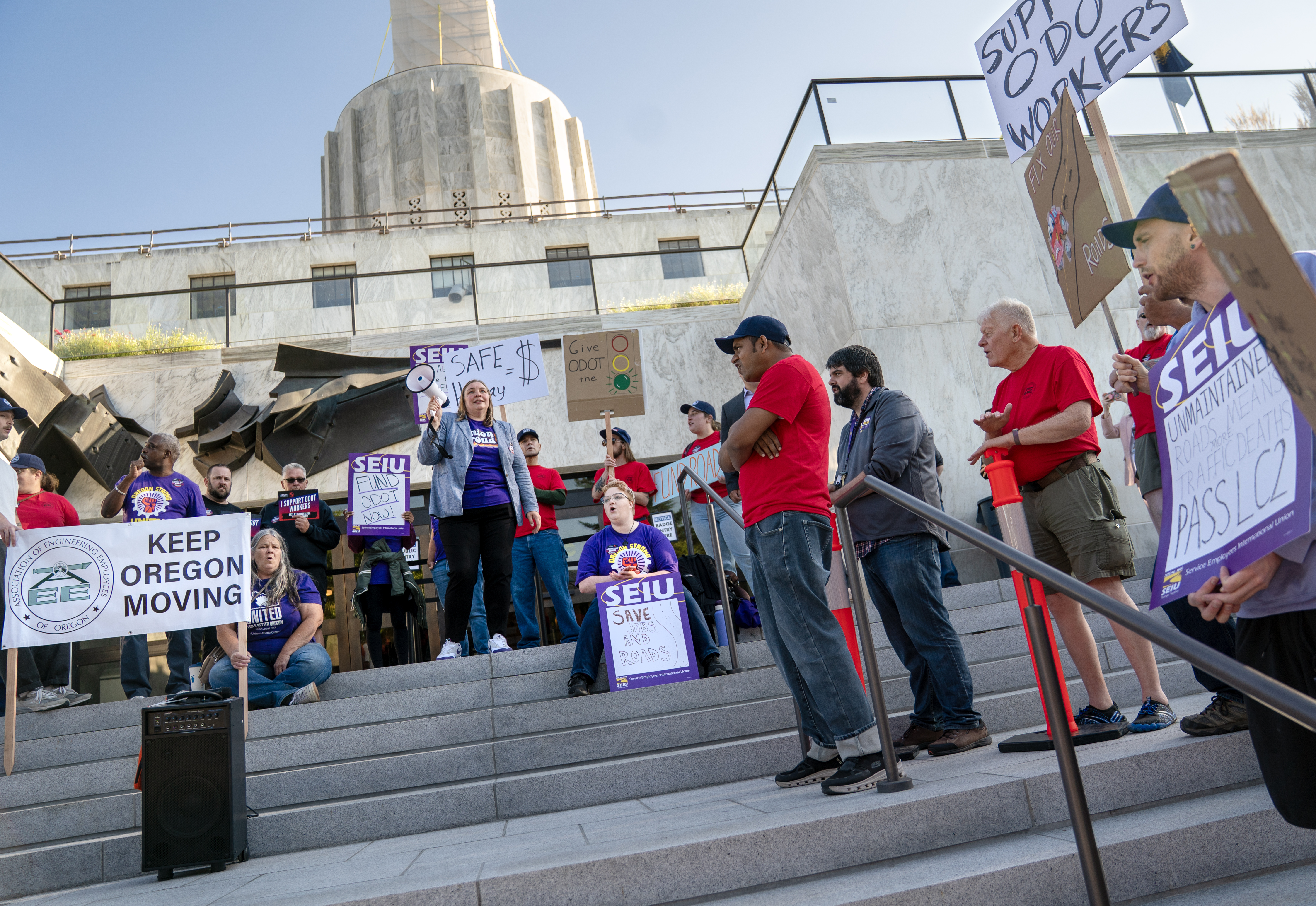 FILE: A rally on the front steps of the Oregon State Capitol, Aug. 29, 2025, where ODOT employees and SEIU 503 called on legislators to pass a transportation package during the special session called by Gov. Tina Kotek.