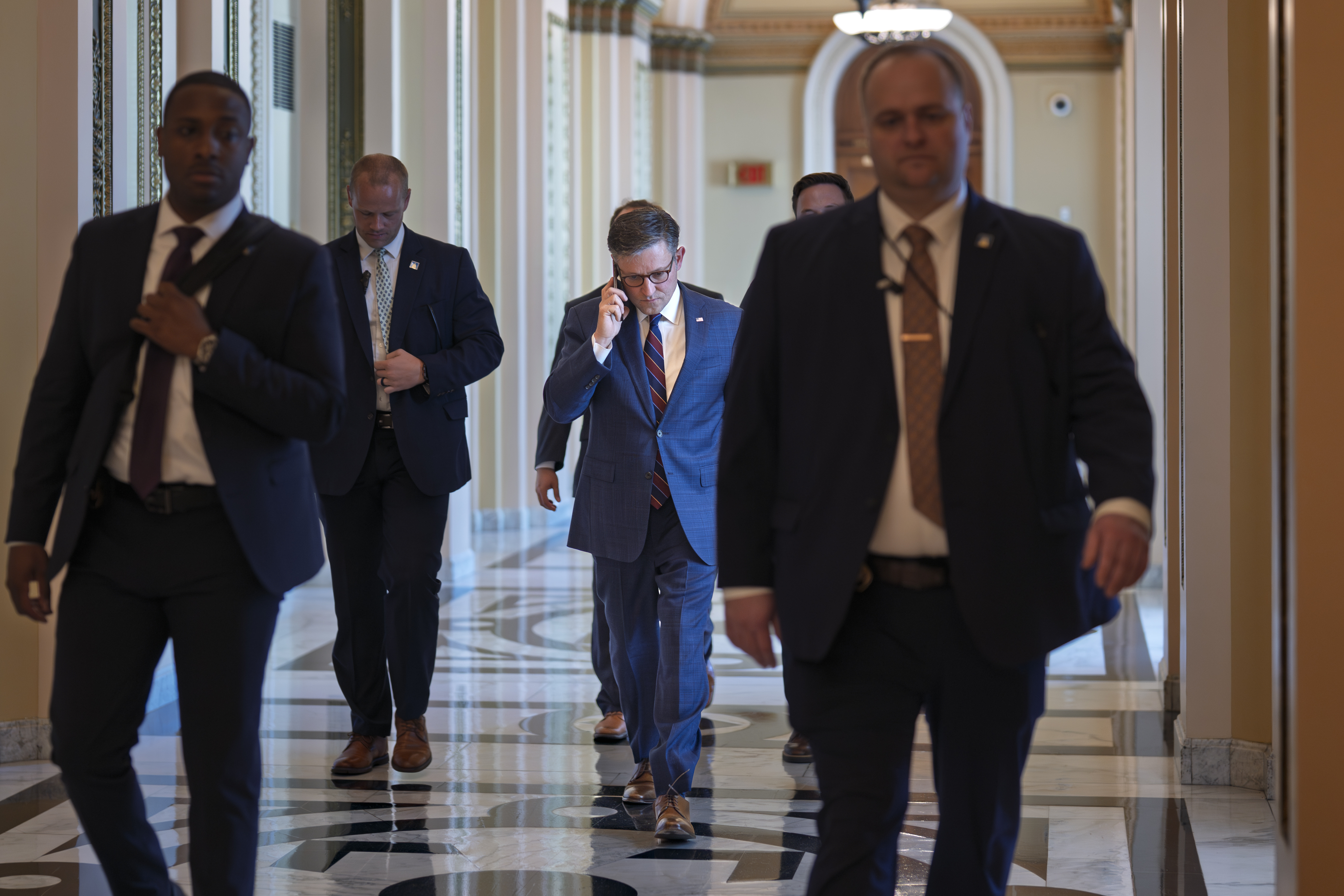 Speaker of the House Mike Johnson, R-La., leaves the chamber at the Capitol in Washington, Thursday, July 17, 2025.
