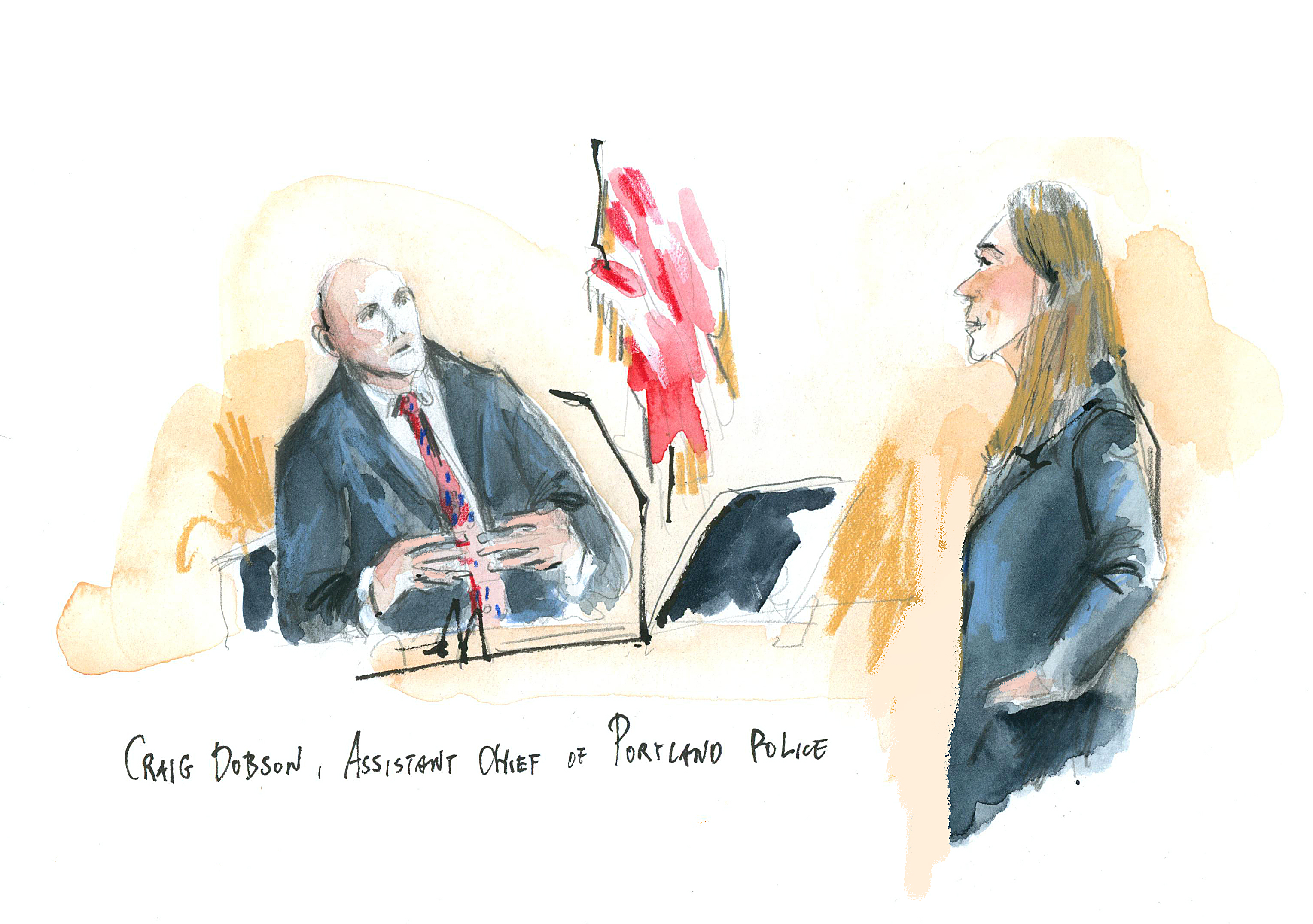 Portland police Assistant Chief Craig Dobson, left, is questioned by Portland Police Assistant Chief City attorney Caroline Turco about the bureau’s crowd control policies.