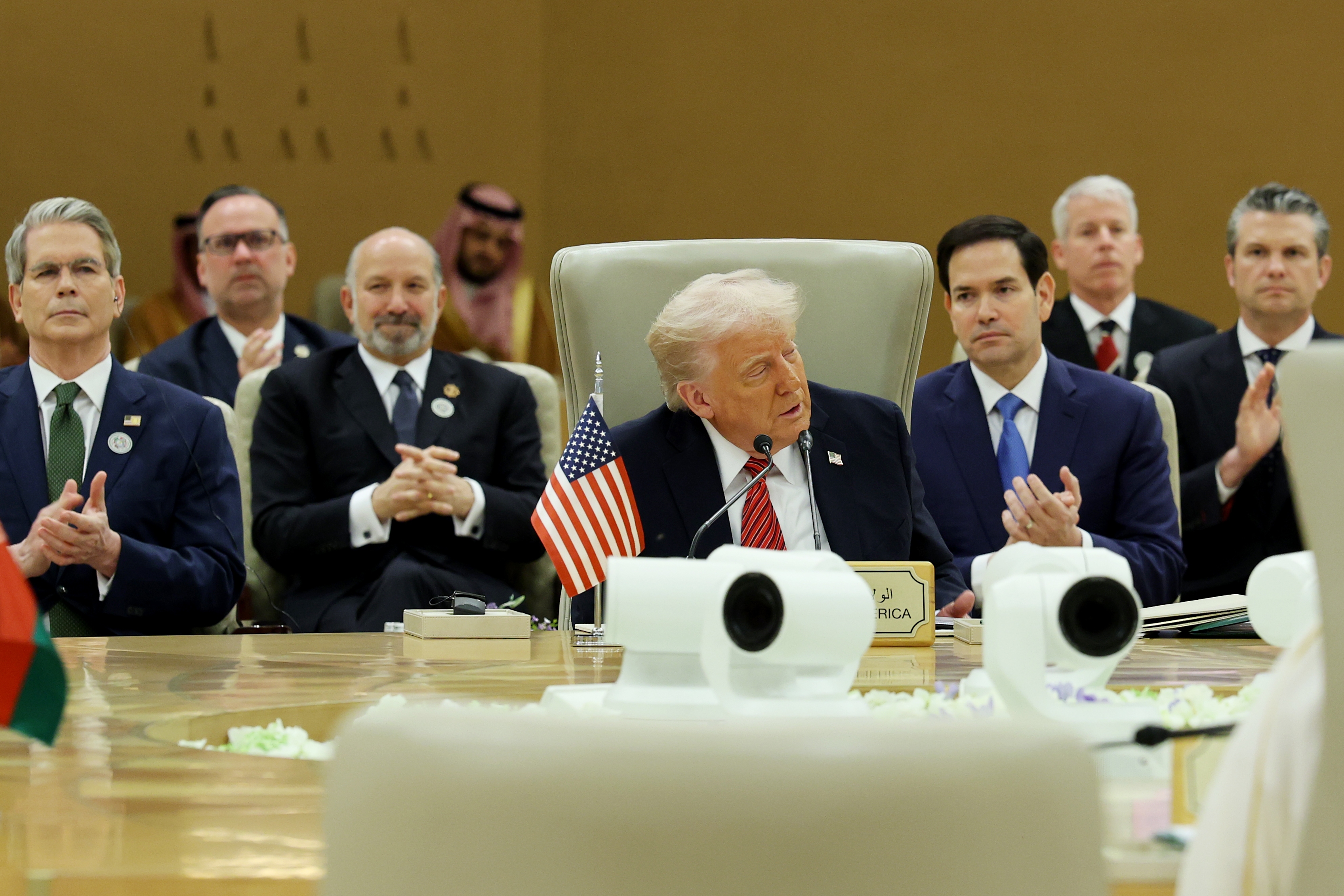 President Trump meets with Syria's interim President Ahmed al-Sharaa on March 14, 2025 in Riyadh, Saudi Arabia.
