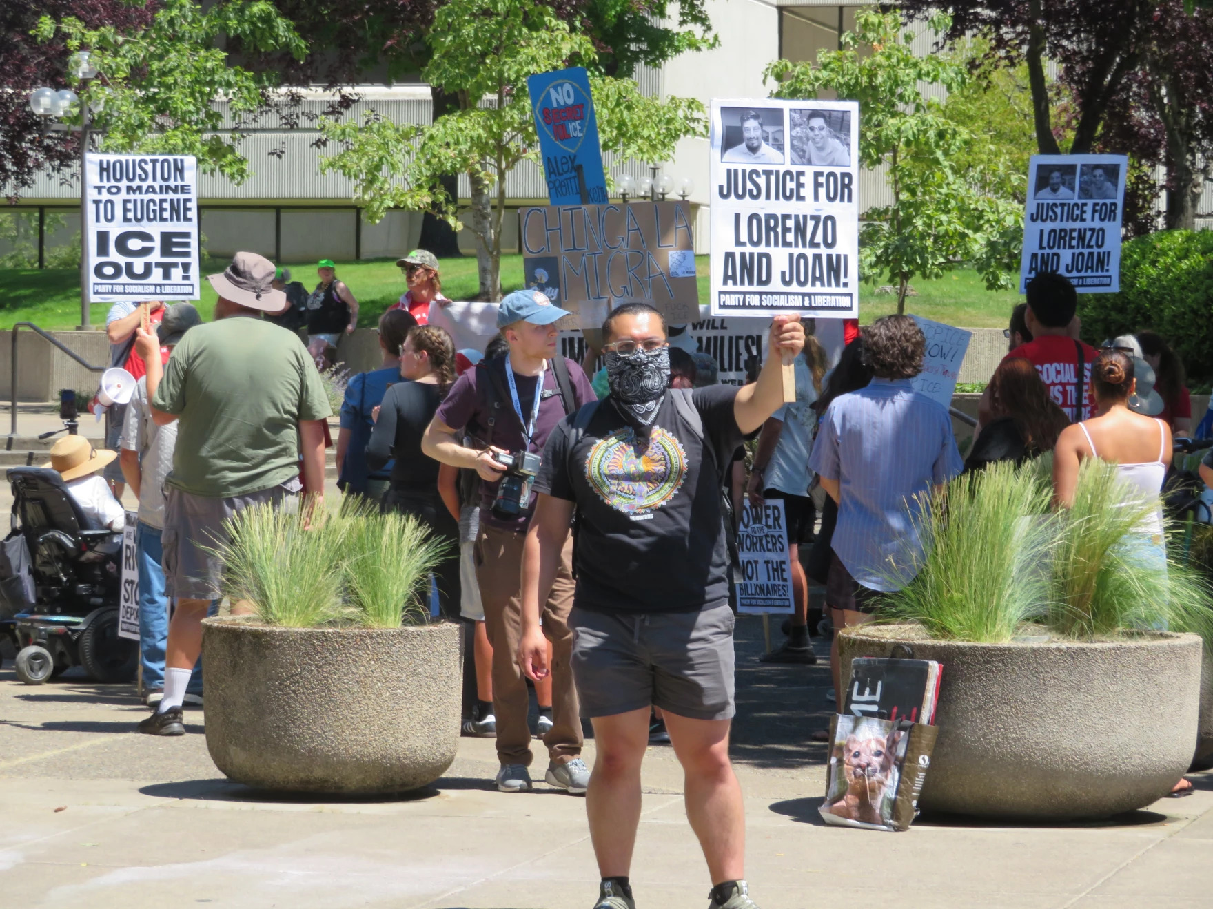 Protesters gathered outside the Federal Building in downtown Eugene on July 18, 2026. Many said they were demonstrating against violence perpetuated by ICE agents during crackdowns, including the shooting deaths of two men: Lorenzo Salgado Araujo and Joan Sebastian Durán Guerrero.