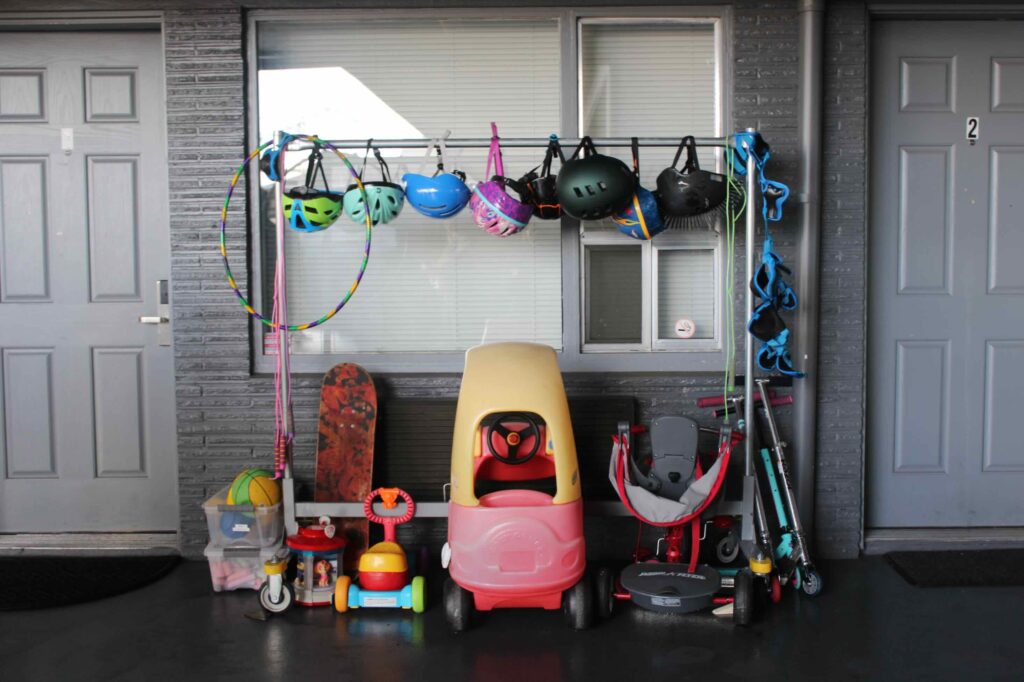 Toys sit outside at the Columbia Inn, a Project Turnkey shelter in Astoria.