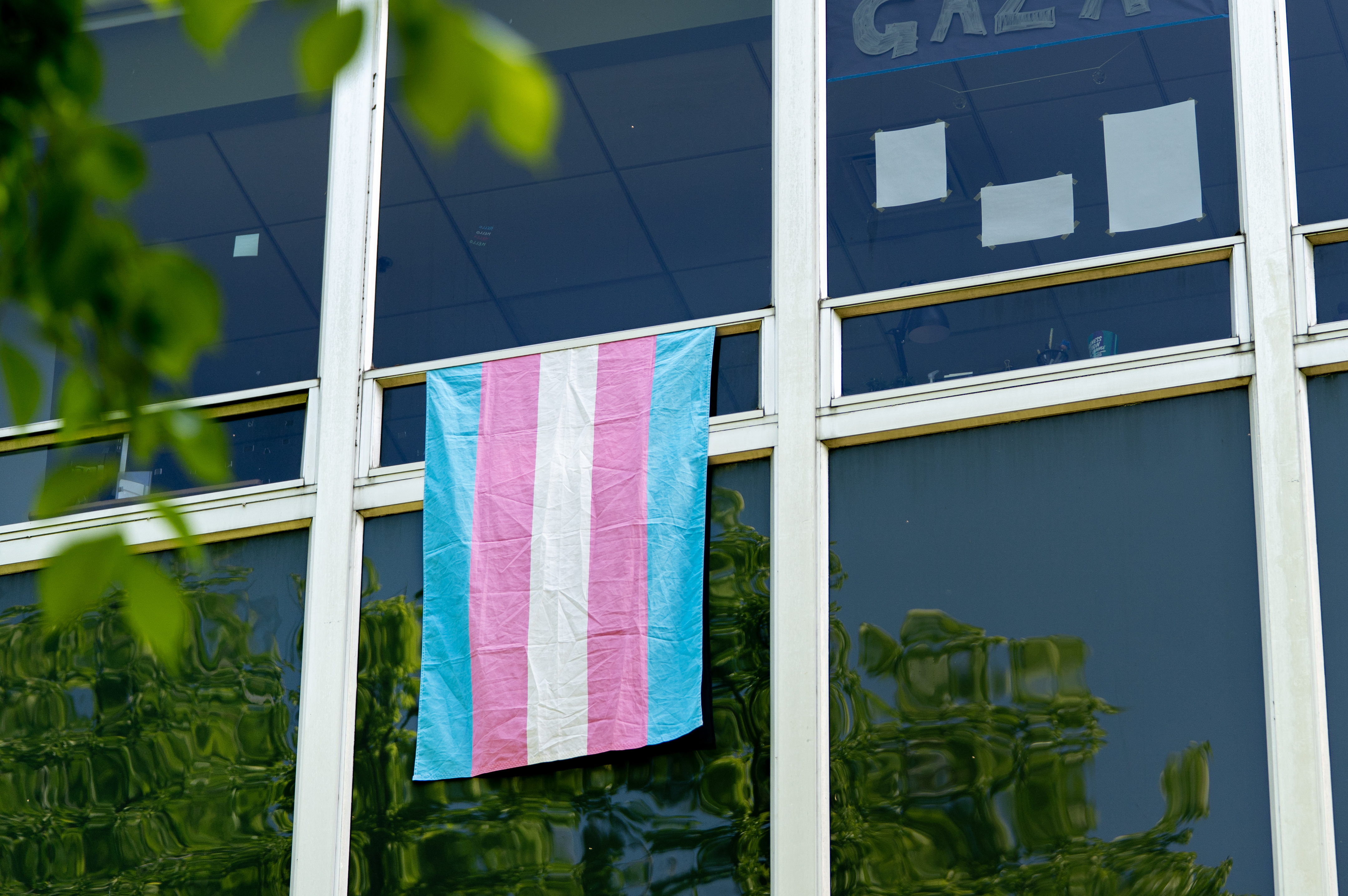 A transgender flag hangs from a window on the Portland State University campus, May 1, 2025. Riley Gaines, a former Kentucky swimmer who is suing the NCAA for allowing a transgender athlete to compete, will be speaking at PSU on May 5.