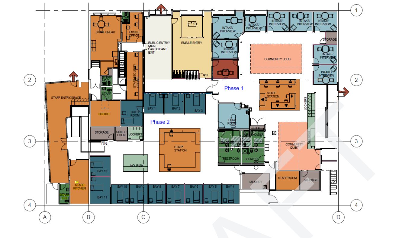 A map showing layout plans for Multnomah County's deflection center