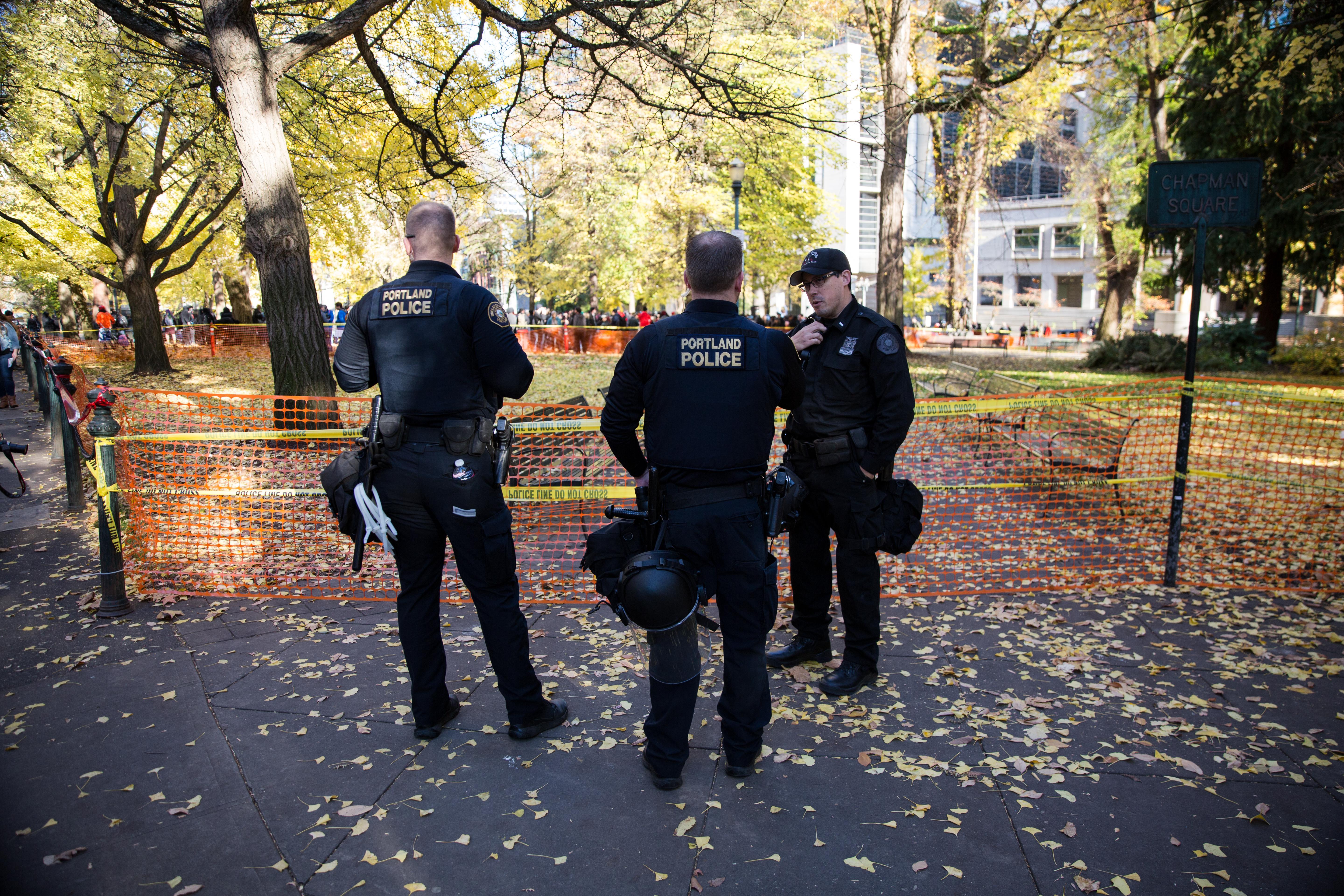 Portland police closed one block of Chapman Square Park in an effort to keep opposing protests apart.