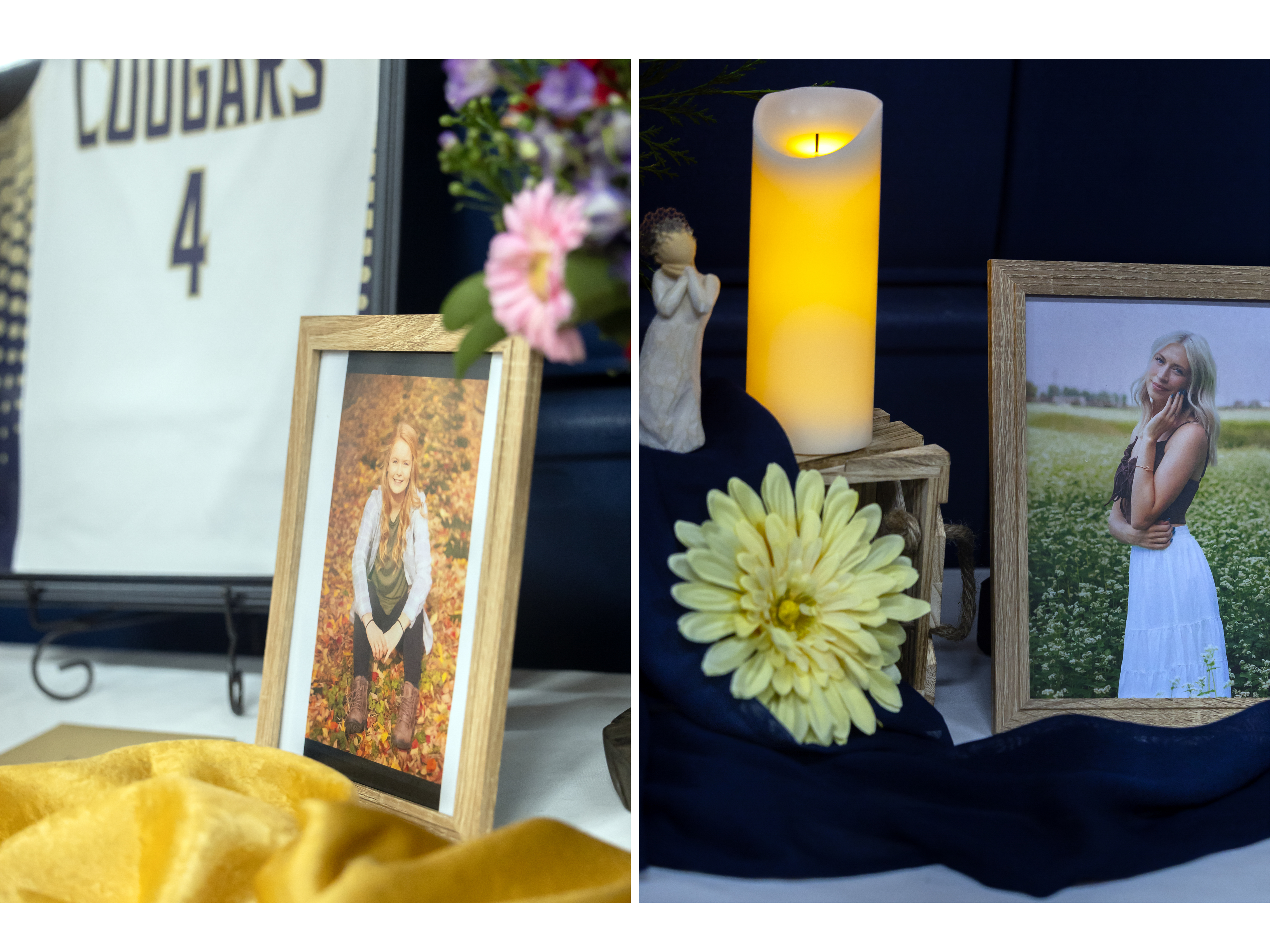 Pictures of Rachel McCarty next to her Echo Cougars basketball jersey, left, and Katelyn Heideman aside an Angel Love figurine.