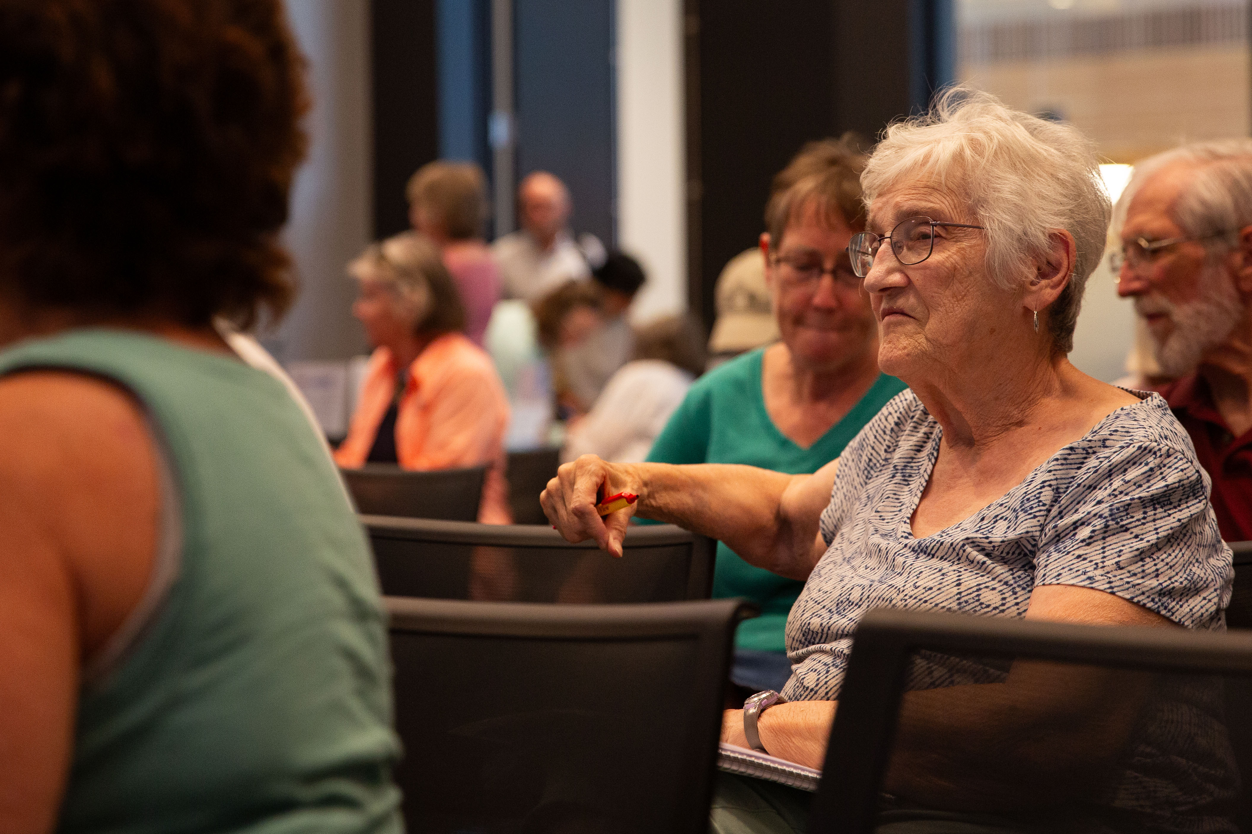 Beth Hoover, 78, attends a ranked-choice voting education event in Bend, Ore., on July 13, 2026. The event was organized by the League of Women Voters of Deschutes County.