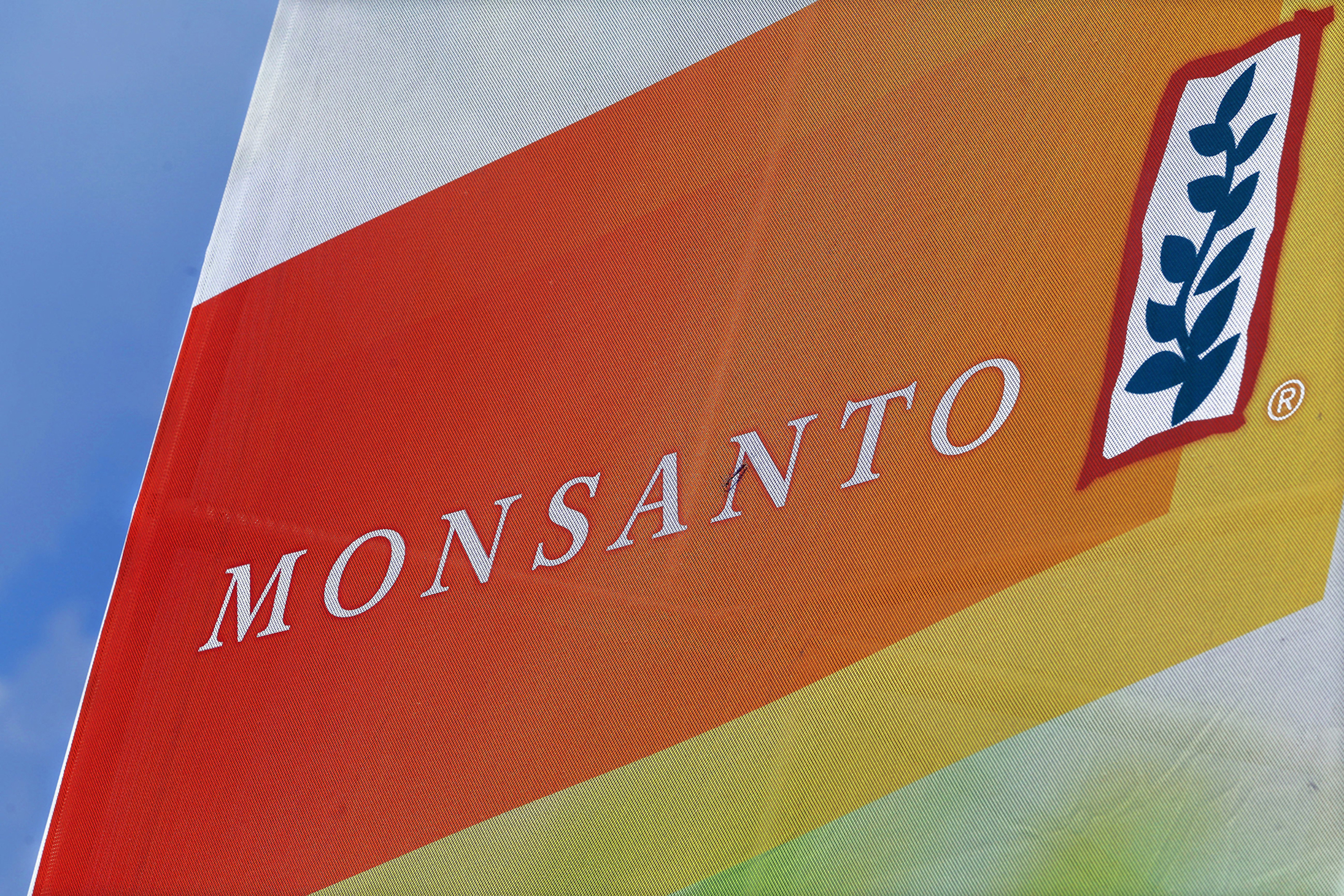 FILE: This Aug. 31, 2015 file photo shows the Monsanto logo on display at the Farm Progress Show in Decatur, Ill. 