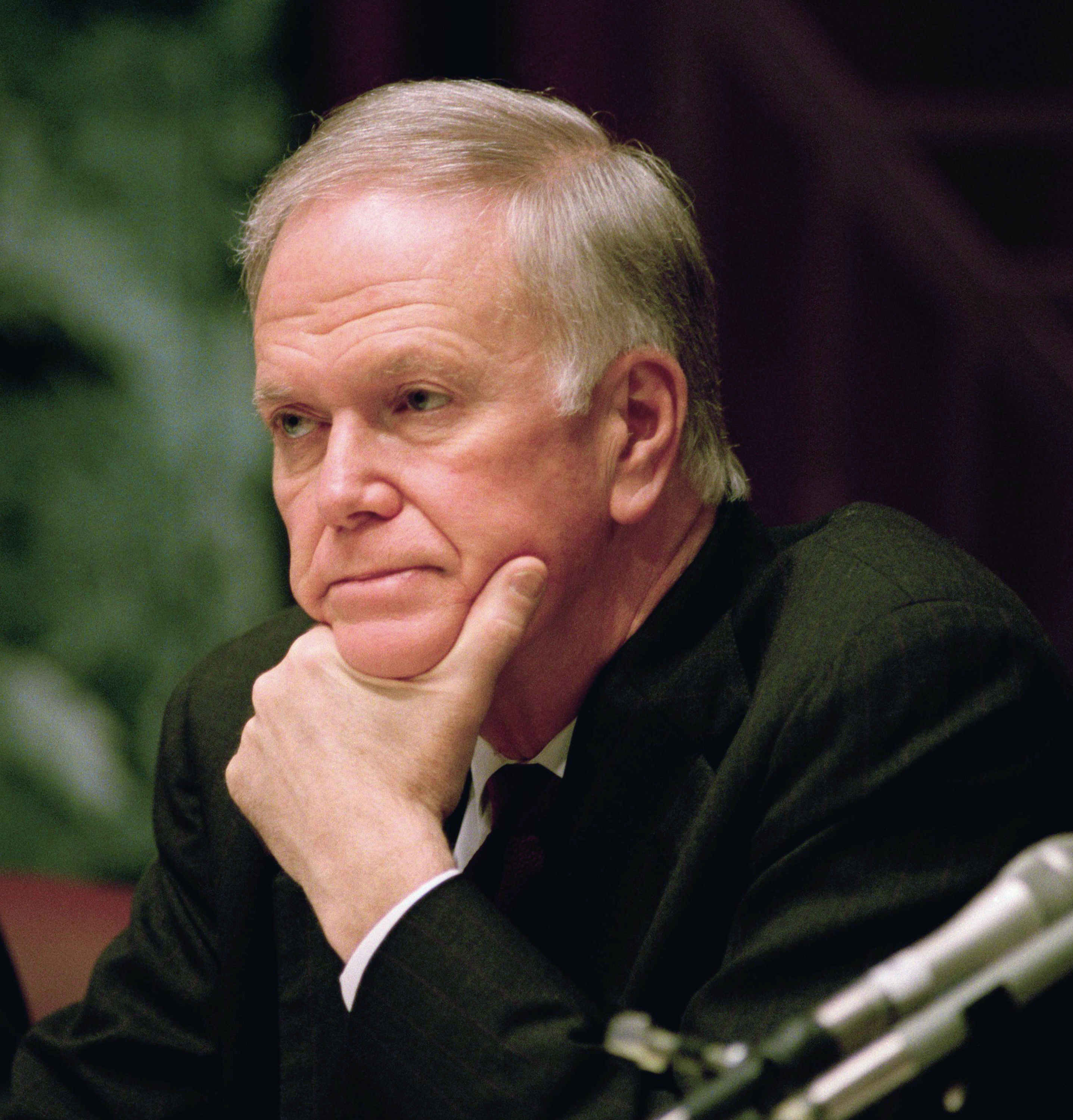 Sen. Bob Packwood (R-Ore.), ranking Republican on the Senate Finance Committee listens during a hearing on Capitol Hill in Washington, March 10, 1994. Packwood, battered for months by sexual misconduct allegations, is taking a combative stance with the news media and his accusers, to rescue his 25-year Senate career.