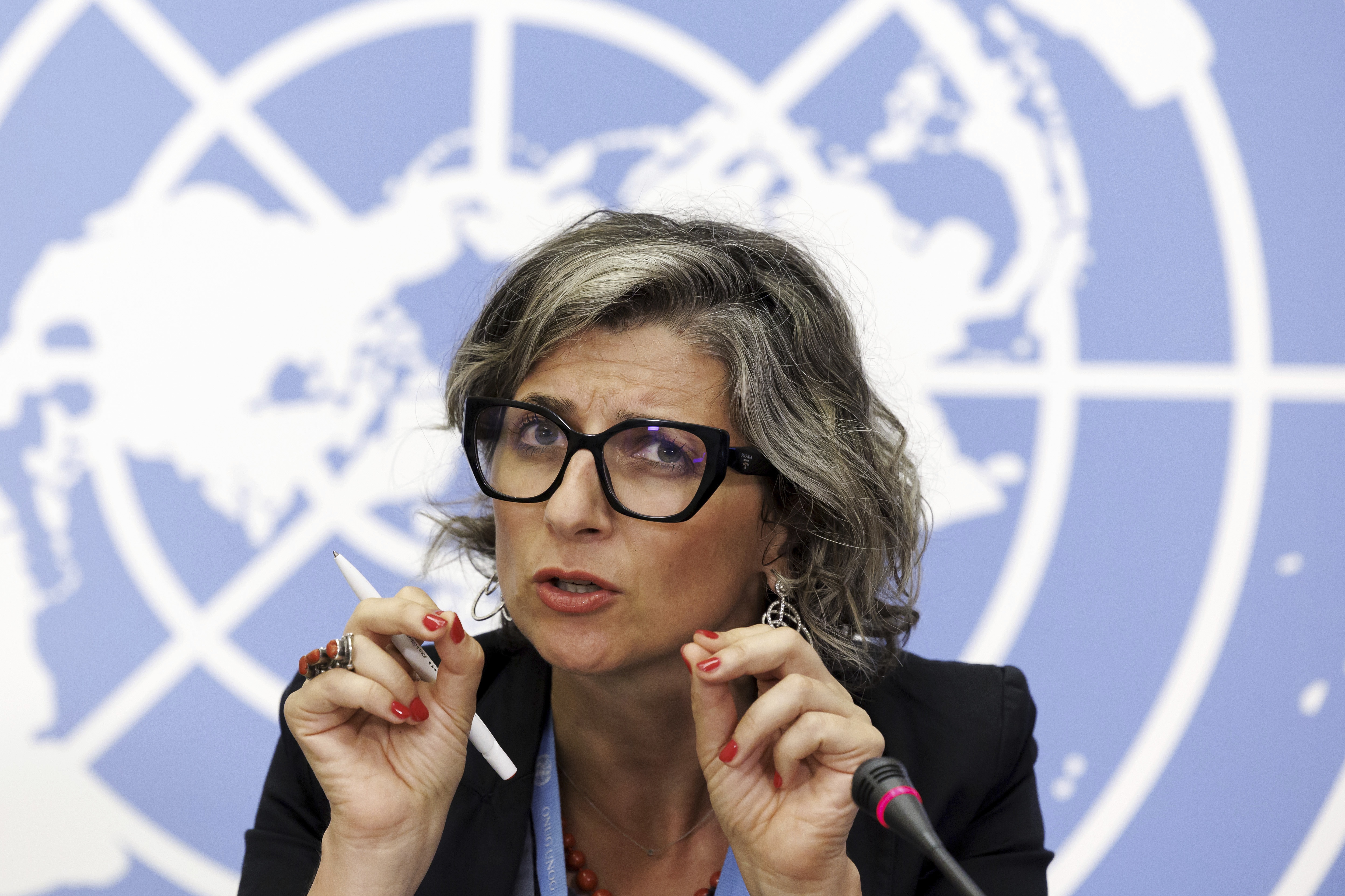 Francesca Albanese, Special Rapporteur on the situation of human rights in the Palestinian territories occupied since 1967, talks to the media during a press conference at the European headquarters of the United Nations in Geneva, Switzerland, July 11, 2023.