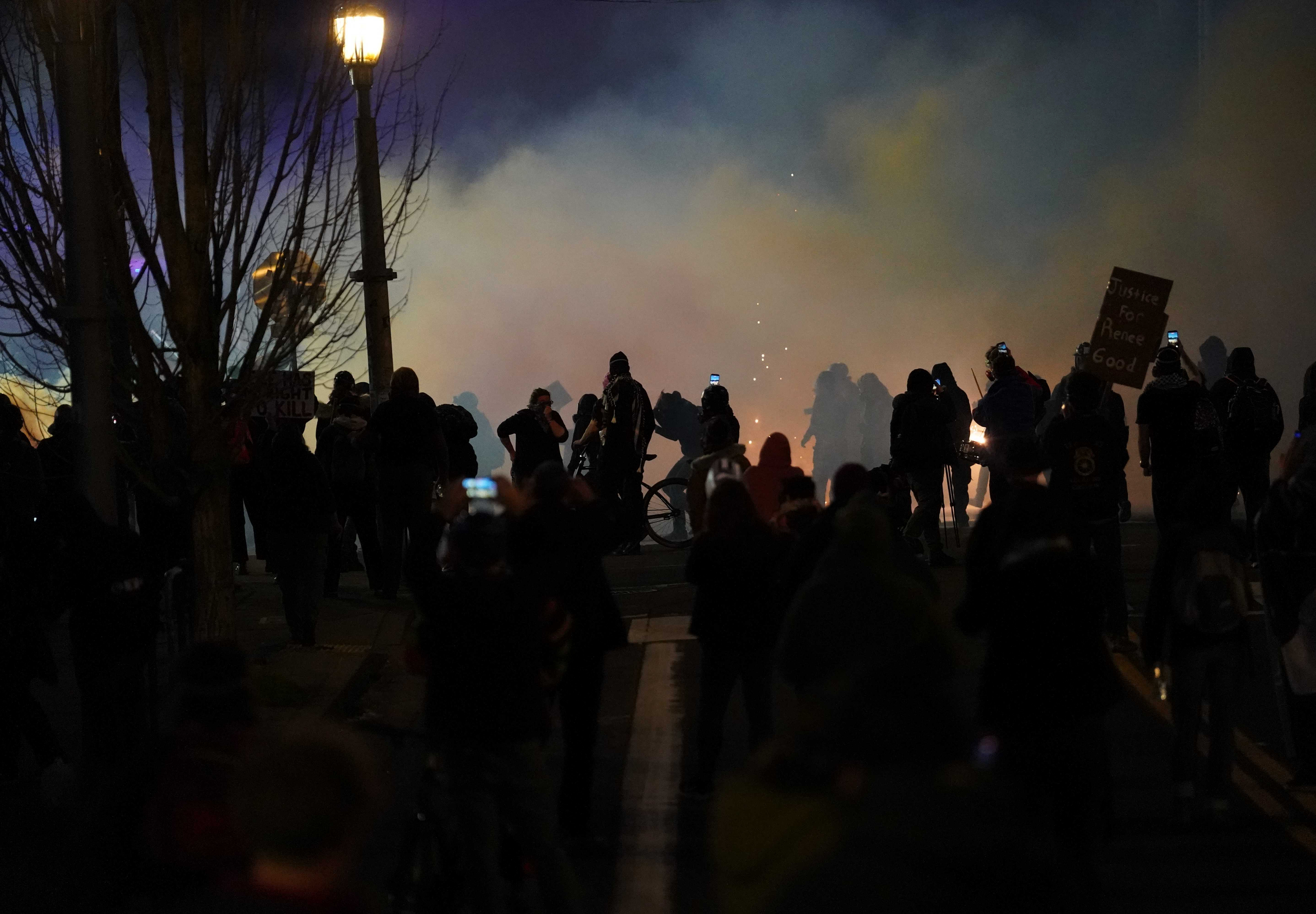 Federal officers use crowd control munitions as demonstrators protest outside the U.S. Immigration and Customs Enforcement building in Portland on Jan. 31, 2026. The demonstration at the ICE facility was part of an earlier protest, dubbed “Labor Against ICE,” which began this afternoon at Elizabeth Caruthers Park in Portland’s South Waterfront neighborhood.