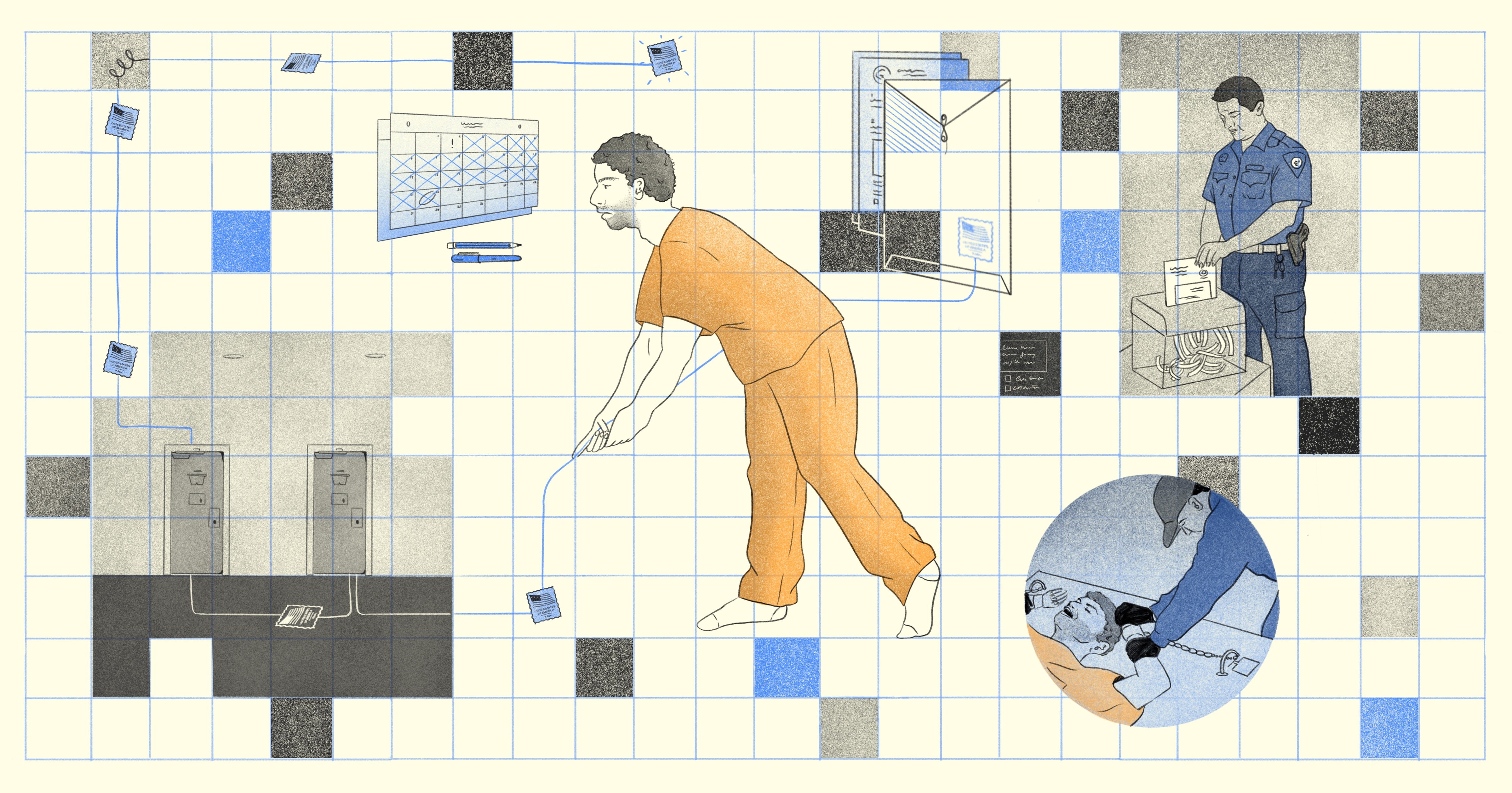 An illustration with a pale yellow background shows, at center, a man in an orange prison uniform pulling on a string that is connected to a postage stamp, which is then connected to the bottom of a prison cell door, and then connected to a letter on the floor, which is connected to another prison cell door. From left to right, there is a calendar with most of the days of the month crossed off; a document envelope and some documents behind it; a prison official shredding a document; and an incarcerated person with his hands shackled to a slab while a correctional officer holds his left hand down. Scattered around the illustration are gray and blue blocks, and over the entire illustration, there is a grid made up of thin light blue lines.