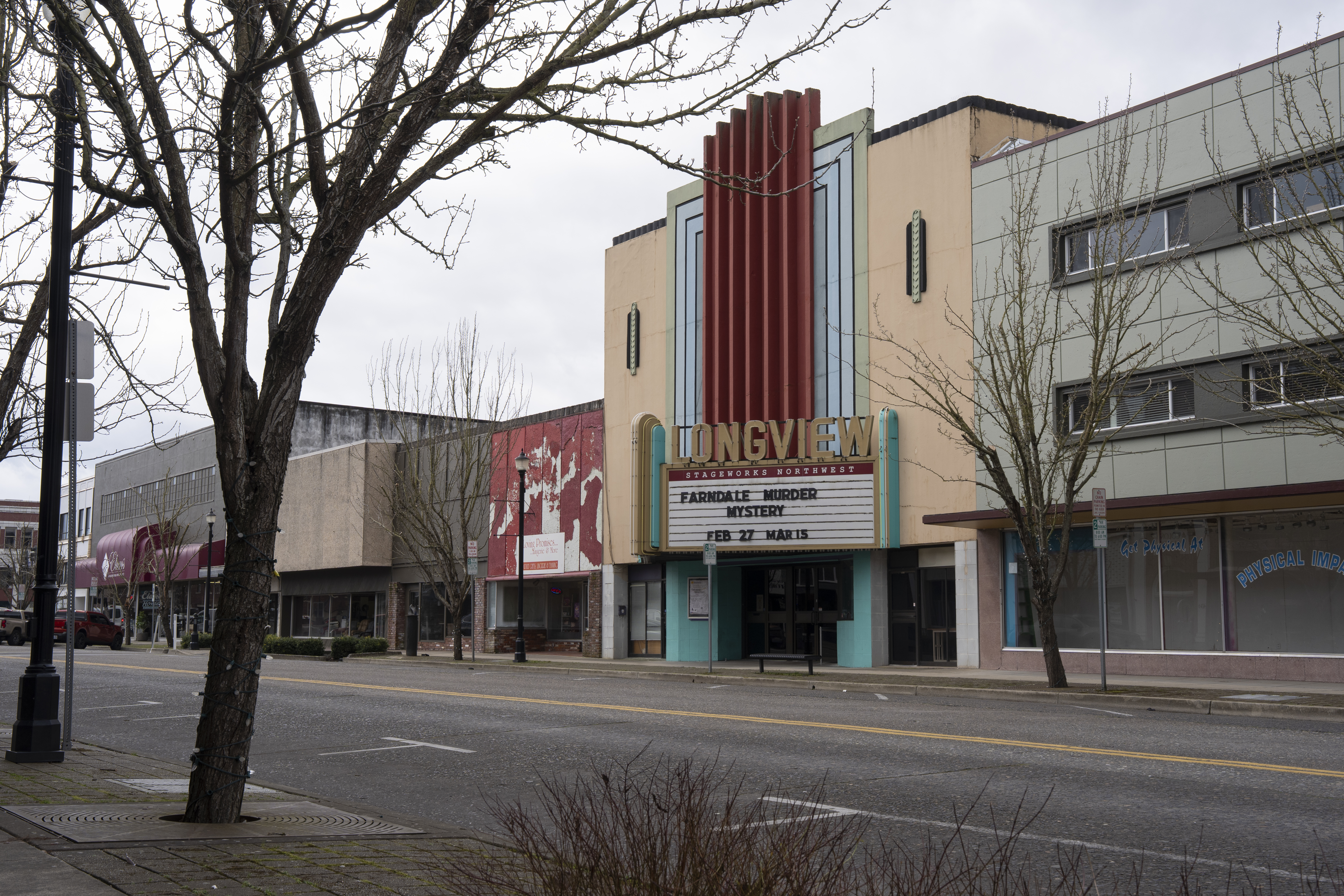 The Longview Theatre in downtown Longview, Wash., on March 3, 2026. The city's taxpayers are footing a $250,000 bill in a legal dispute over government transparency.