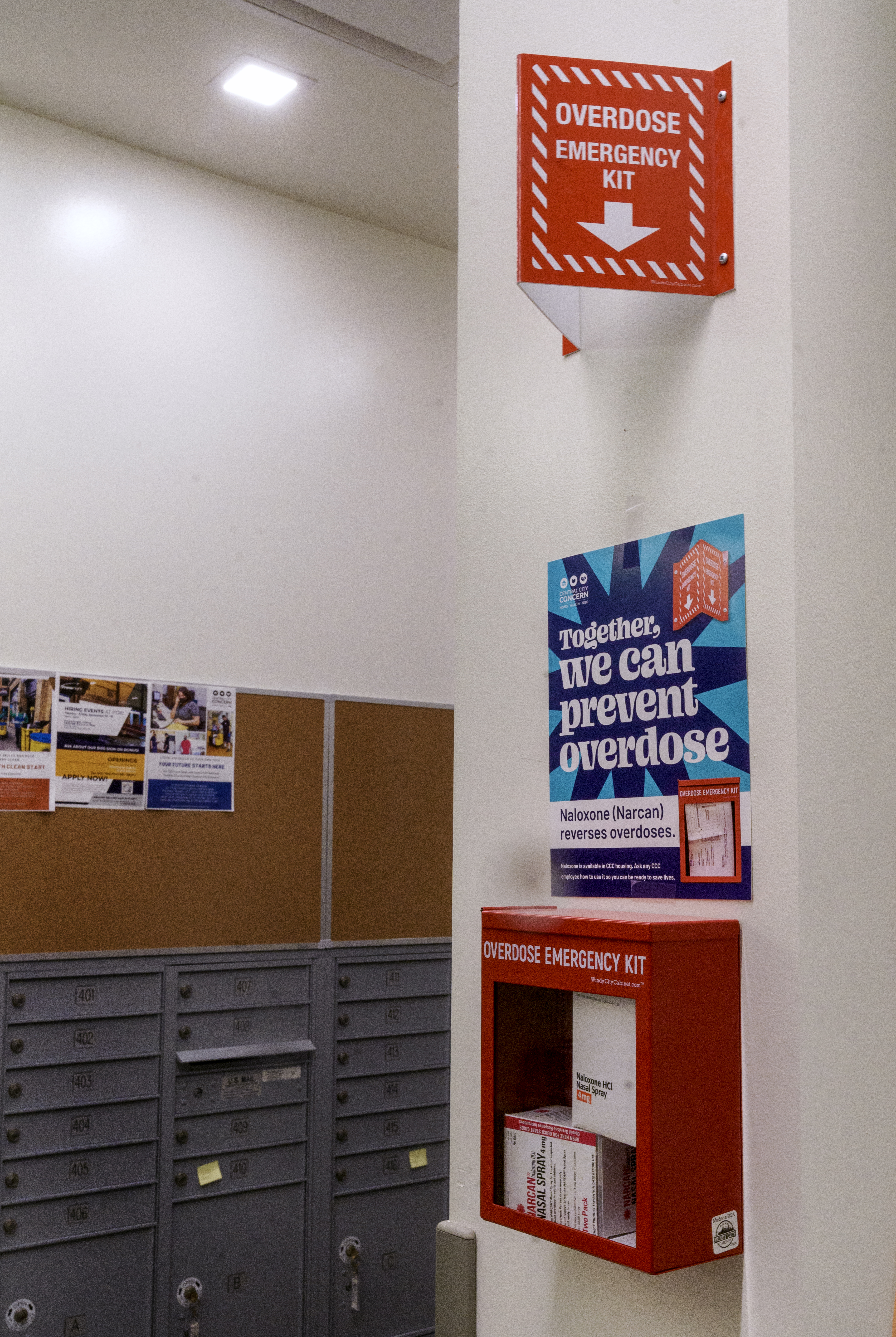 Overdose emergency kits are installed throughout the Blackburn Center in east Portland, May 4, 2023. The 80-bed center, operated by Central City Concern, provides housing for people in recovery, along with health care, employment counseling, addiction treatment and other support services.