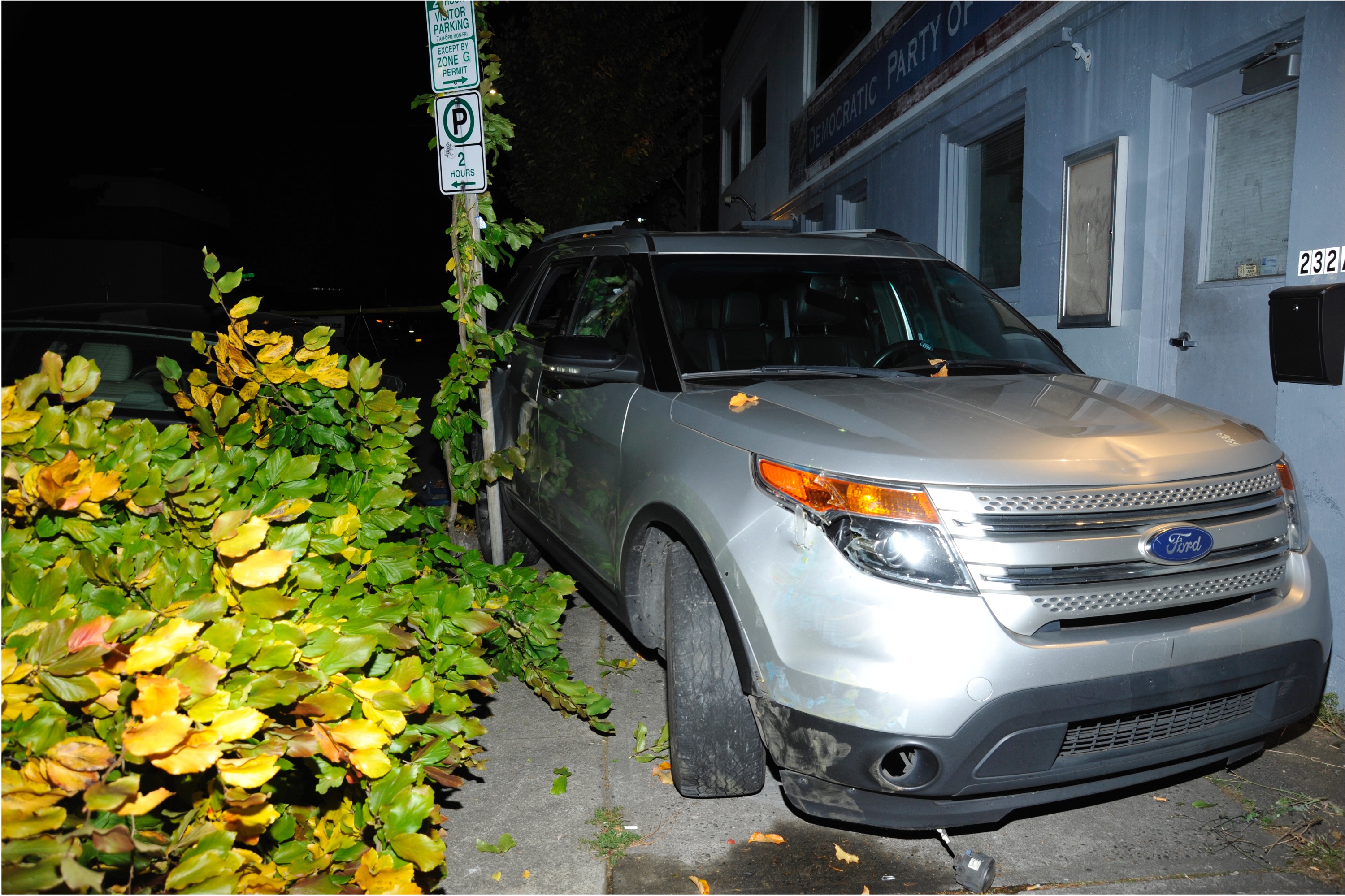 A crime scene photograph shows Christopher Knipe's Ford Explorer left at the scene where he hit and killed Sean Kealiher on Oct. 12, 2022 in Northeast Portland. Knipe, who confessed to driving the car and hitting Kealiher, originally claimed his car was stolen and denied being in the area.