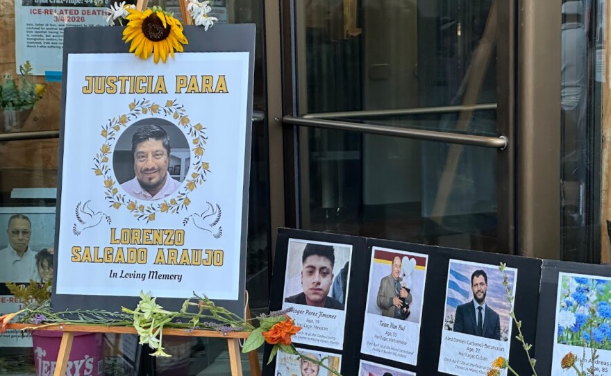 Lorenzo Salgado Araujo's photo was centered outside the Eugene Federal Building's entrance, along with photos of other people who organizers say died during or after ICE detentions.