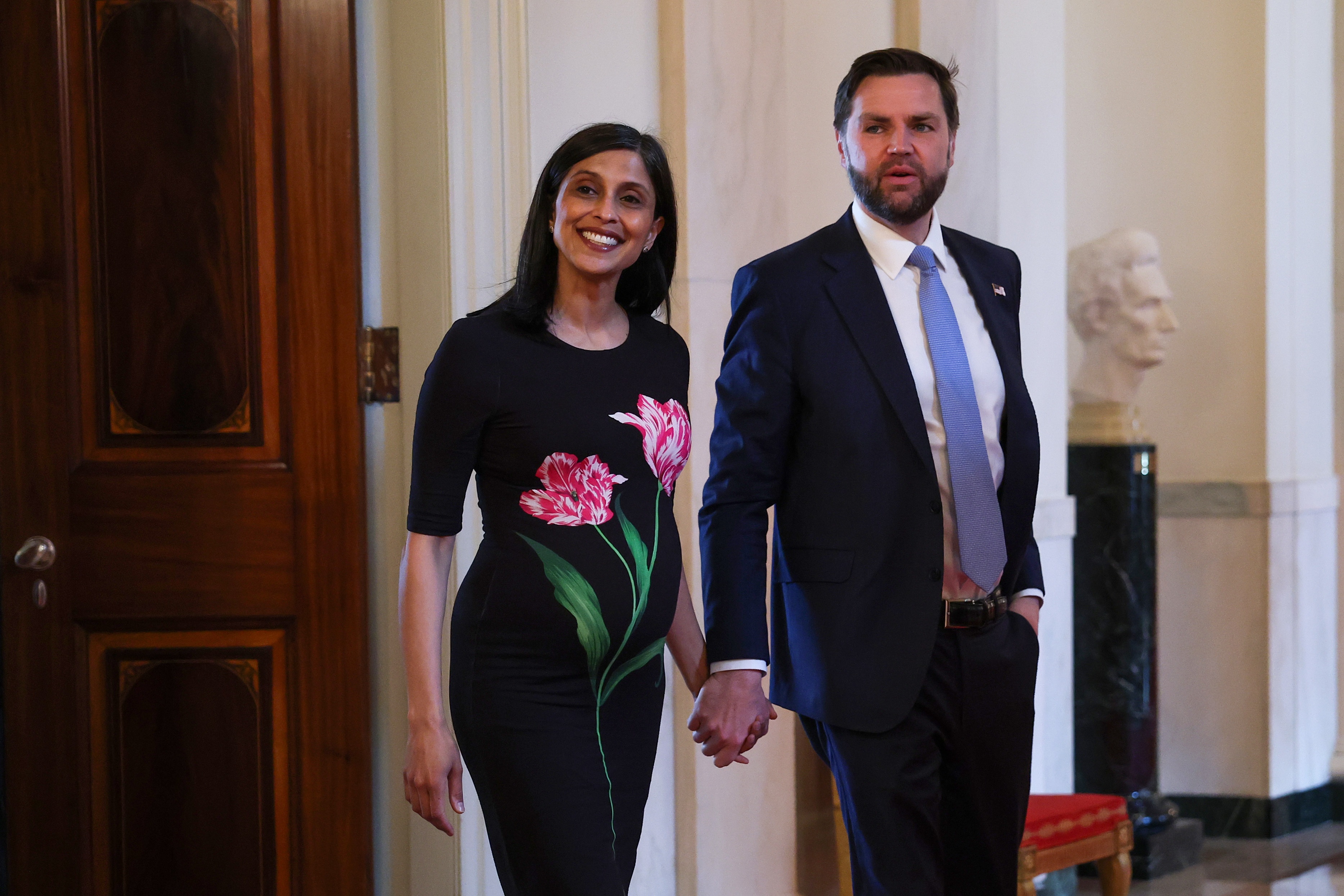 Second lady Usha Vance and Vice President Vance arrive for a military mothers celebration at the White House on May 6. She is pregnant with their fourth child.
