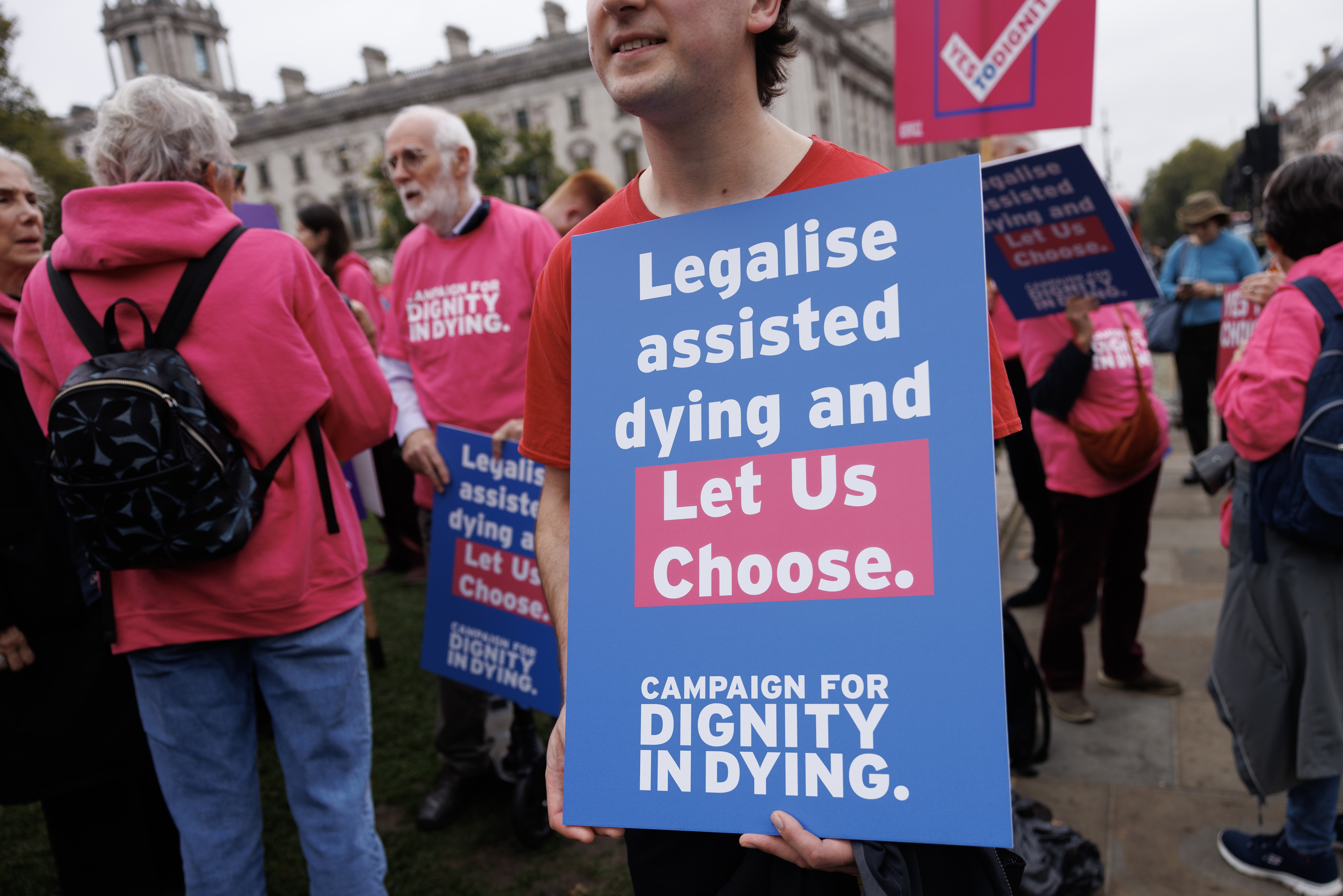 Campaigners in Parliament Square in favor of the proposed bill to legalize assisted dying, on Oct. 16 in London, England.