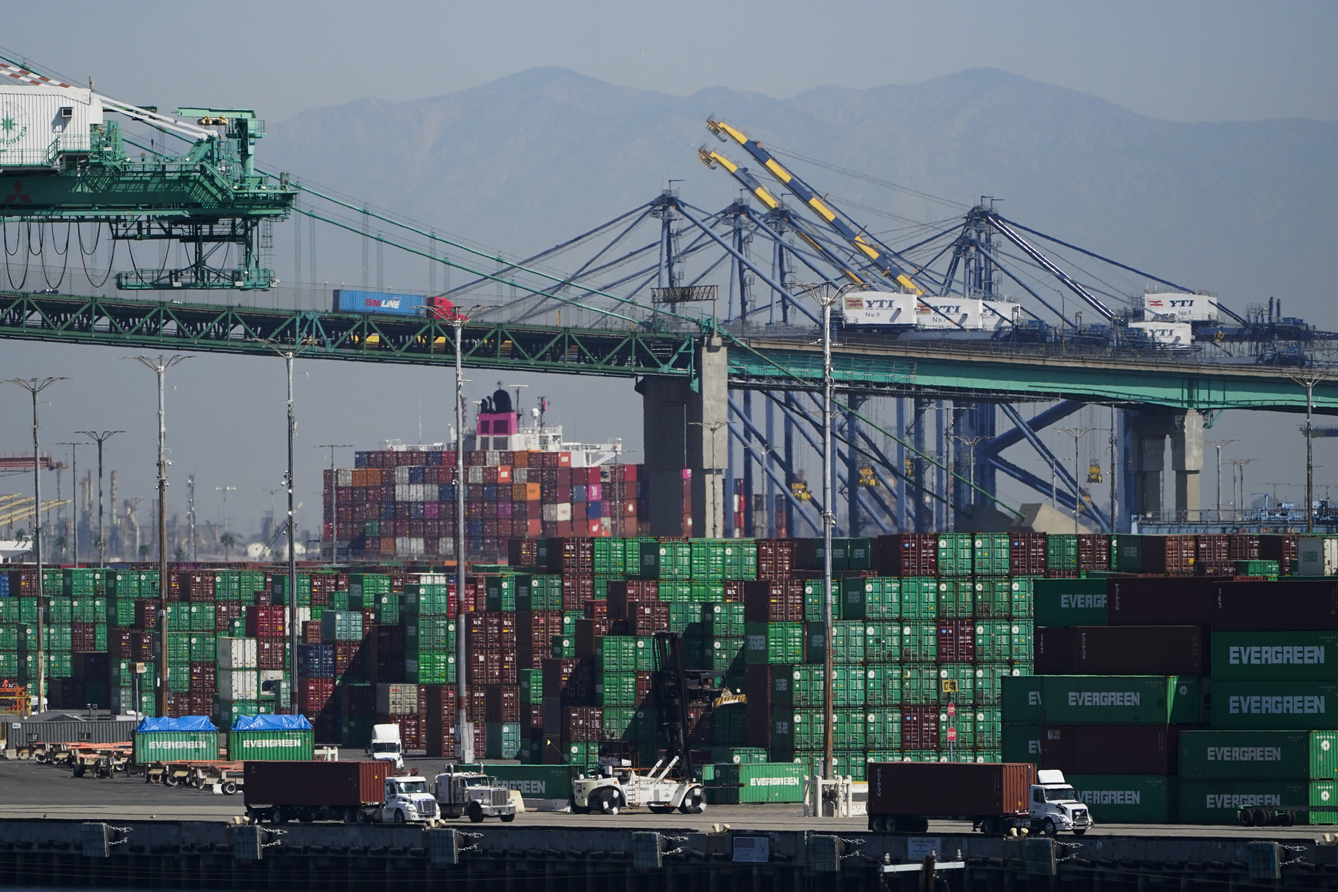 Containers are stacked at the Port of Los Angeles in Los Angeles, Friday, Oct. 1, 2021.