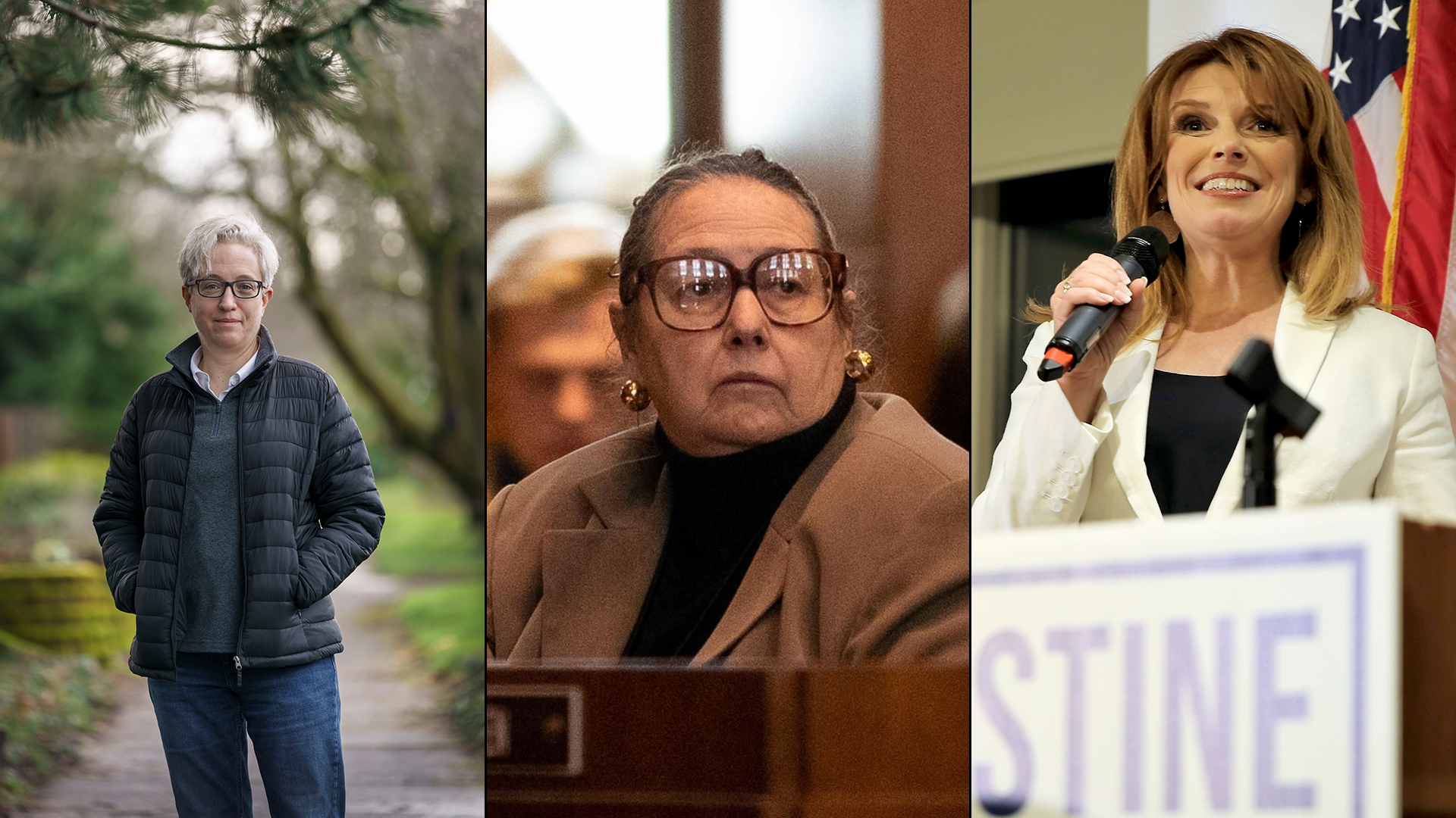 A compilation of photos of the three major candidates for Oregon governor. From left to right: Tina Kotek, Betsy Johnson and Christine Drazan.