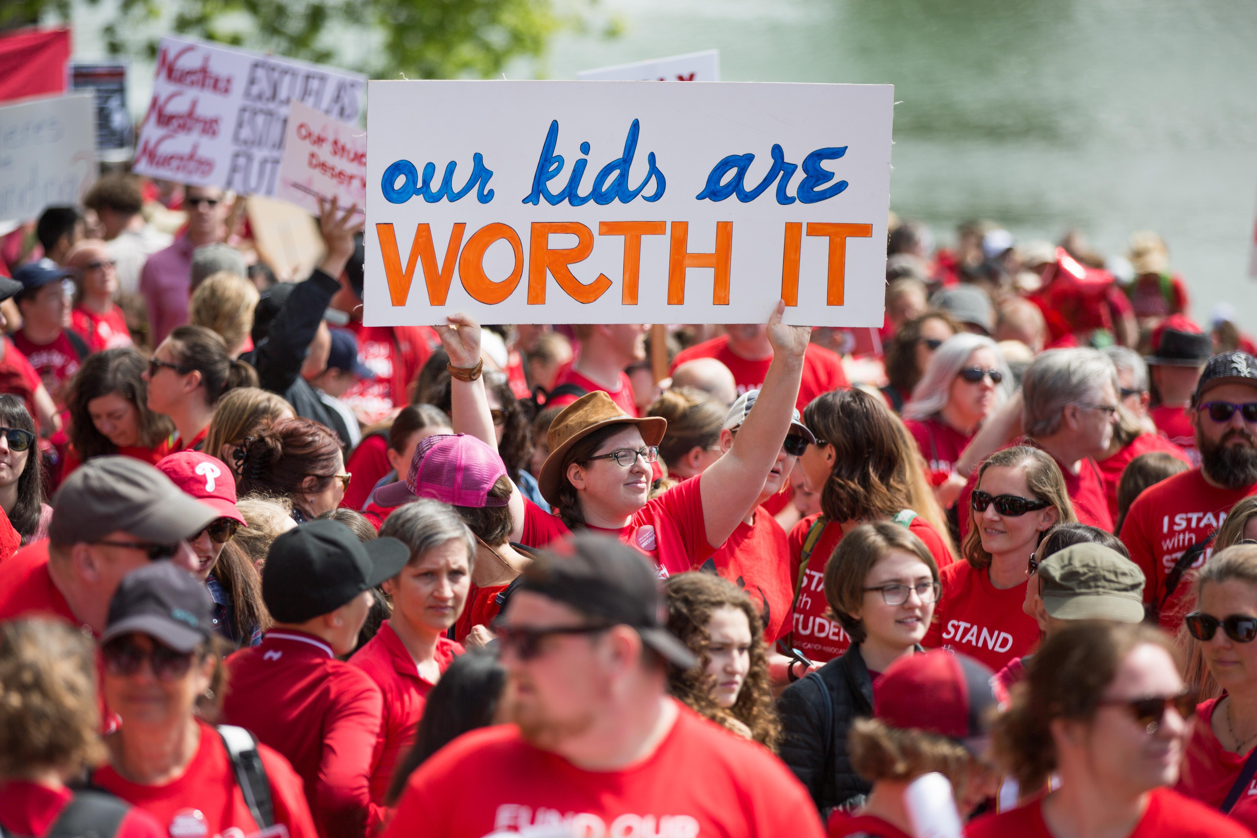 Teachers rally for more school funding in Portland, Ore., on May 8, 2019. The rally was part of a statewide walkout led by the Oregon Education Association, the state’s largest public education employee union.