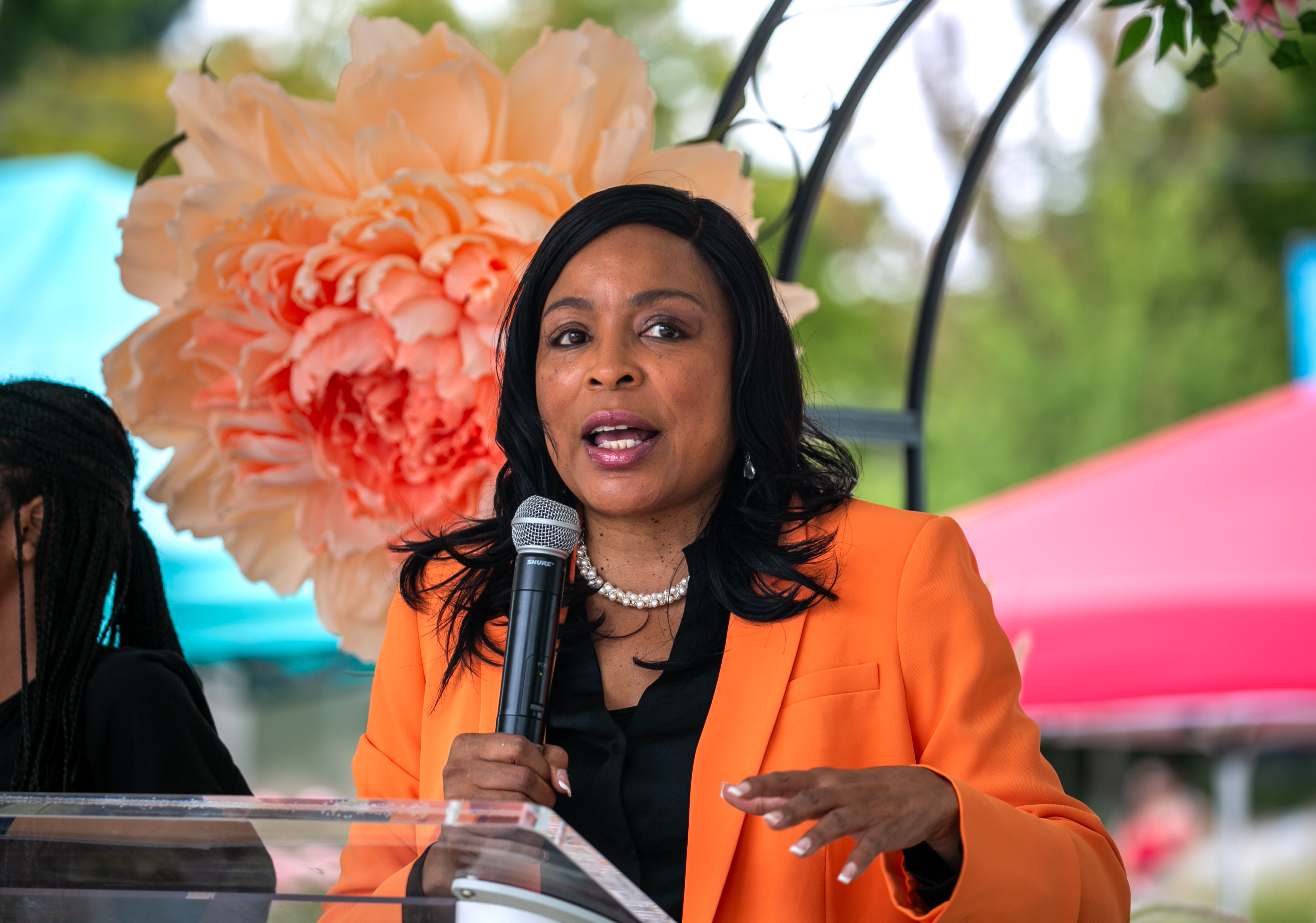 Portland District 1 City Councilor Loretta Smith speaks at the grand opening of her district 1 office in Portland, Ore., Aug. 15, 2025. 