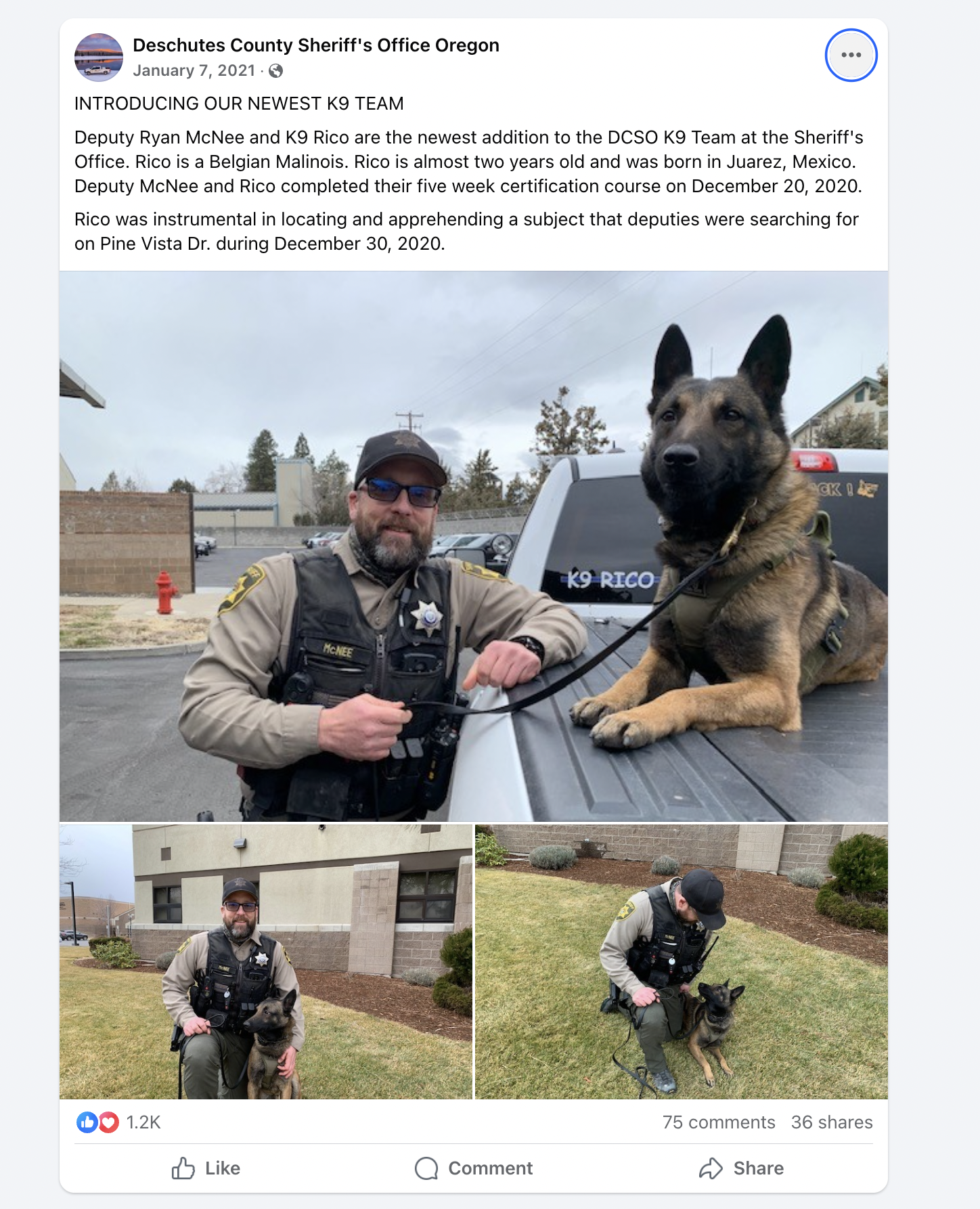 This May 12, 2025 screenshot shows Deschutes County Sheriff Deputy Ryan McNee with K9 Rico in a Jan. 7, 2021 Facebook post by the Sheriff's Office.