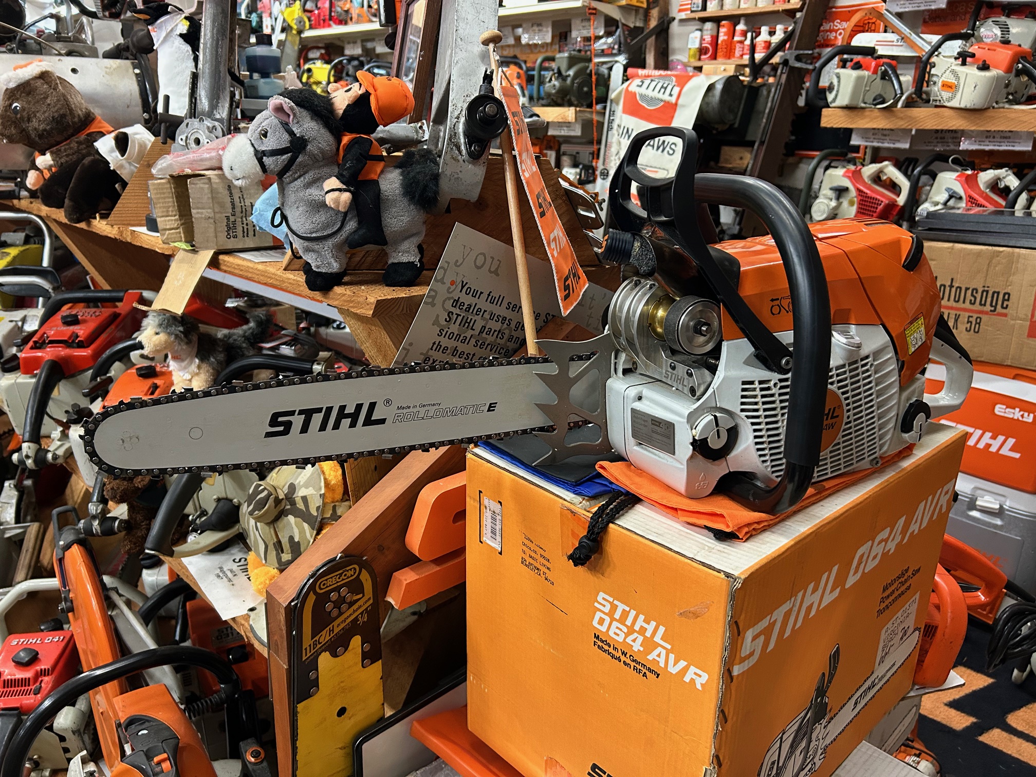 Wayne's Chainsaw Museum contains rare and unique chainsaws, like this jet saw photographed inside the museum in Clark County on Jan. 23, 2026. Wayne Sutton said this one-of-a-kind saw was made in 2014 by engineers at Stihl "on a lark" and  is powered by a twin compressor turbine engine that sounds like a jet when in use. This jet saw was never put into production and donated to Sutton by Peter Stihl, a former leader of the company and son of its founder.