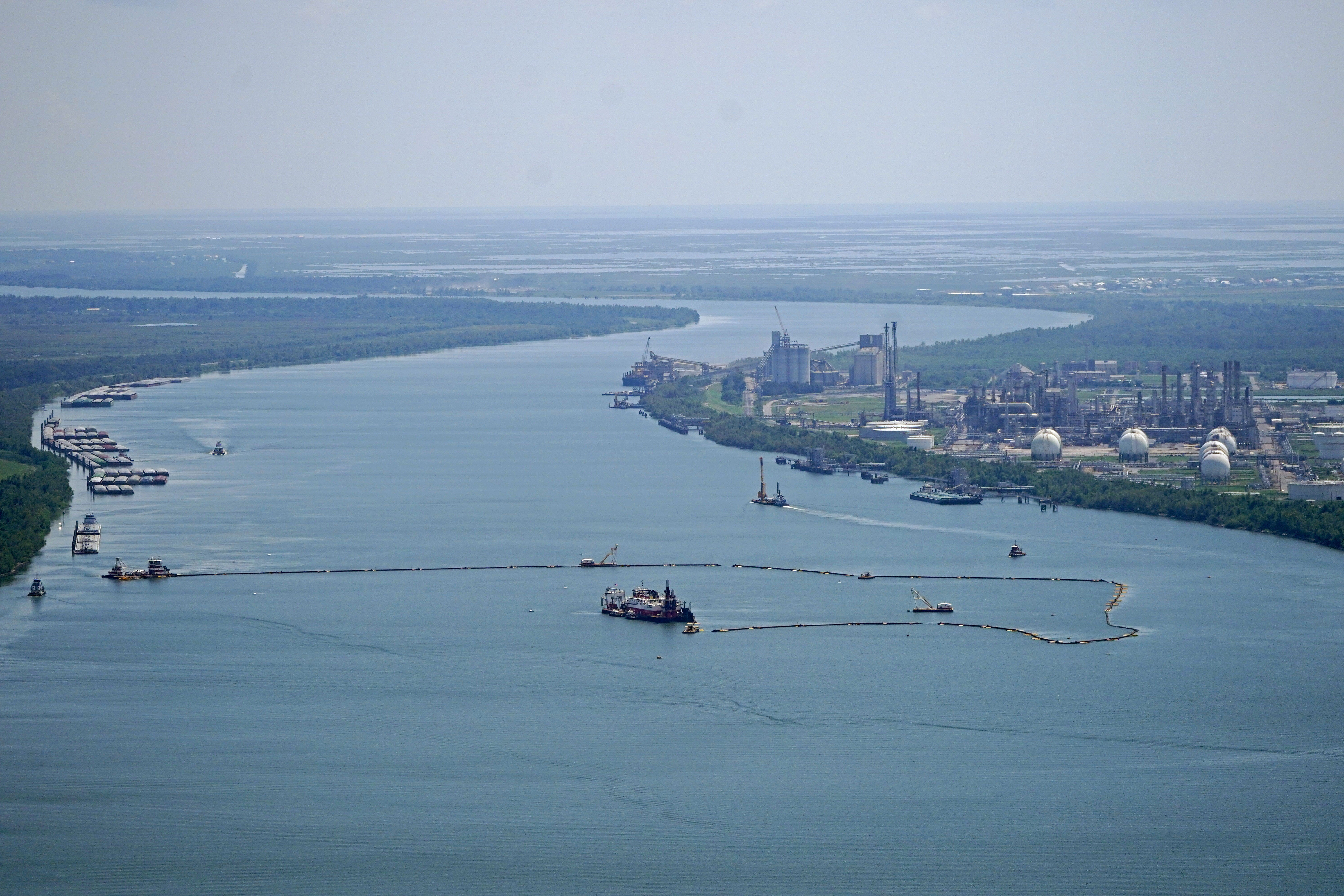 Dredging operations to build an underwater sill in Plaquemines Parish, La., outside New Orleans on Sept. 26, 2023. A saltwater wedge slowly moving upriver from the Gulf of Mexico threatened municipal water supplies.