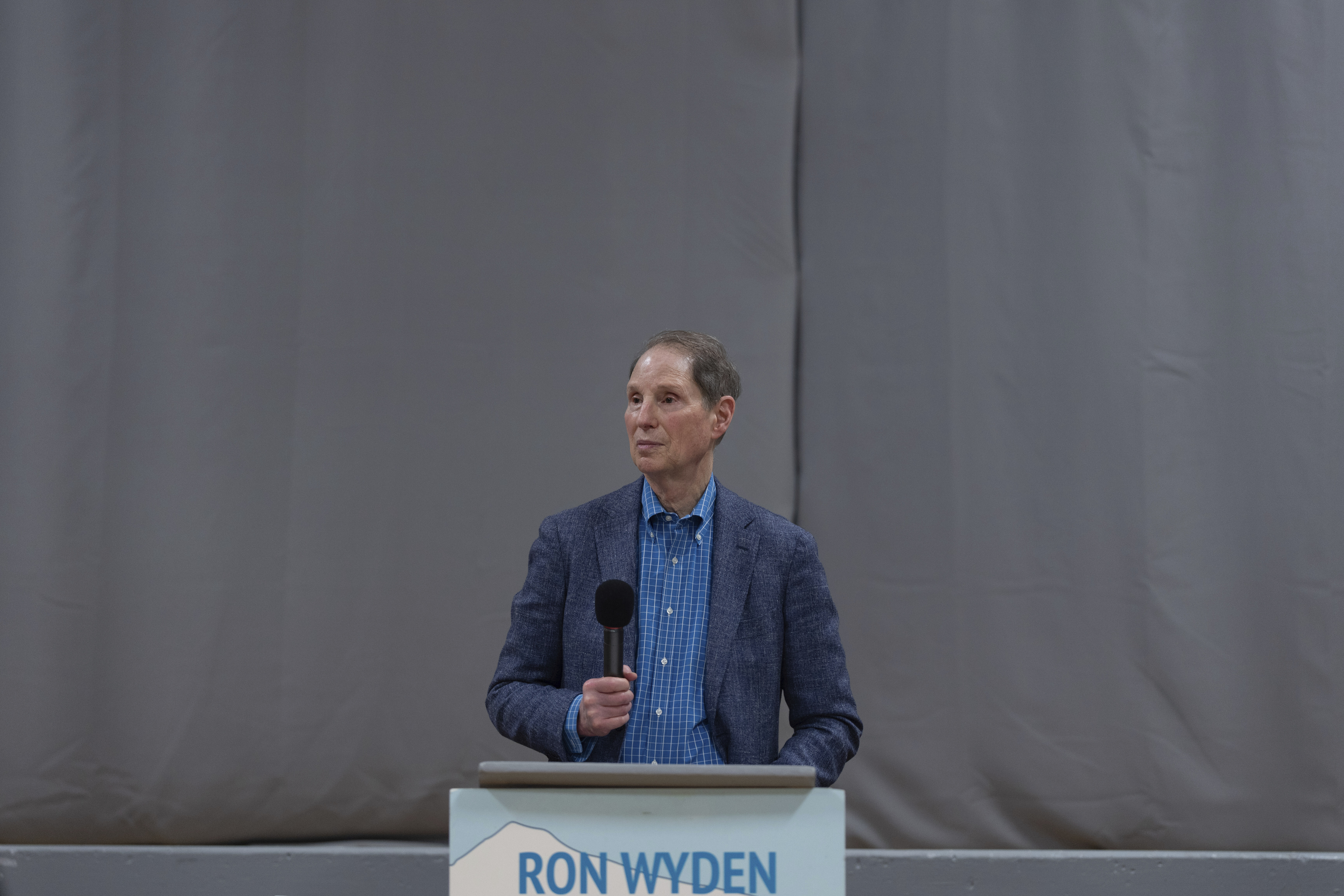 Sen. Ron Wyden, D-Ore. speaks during a town hall meeting Friday, July 25, 2025, in Wasco, Ore.