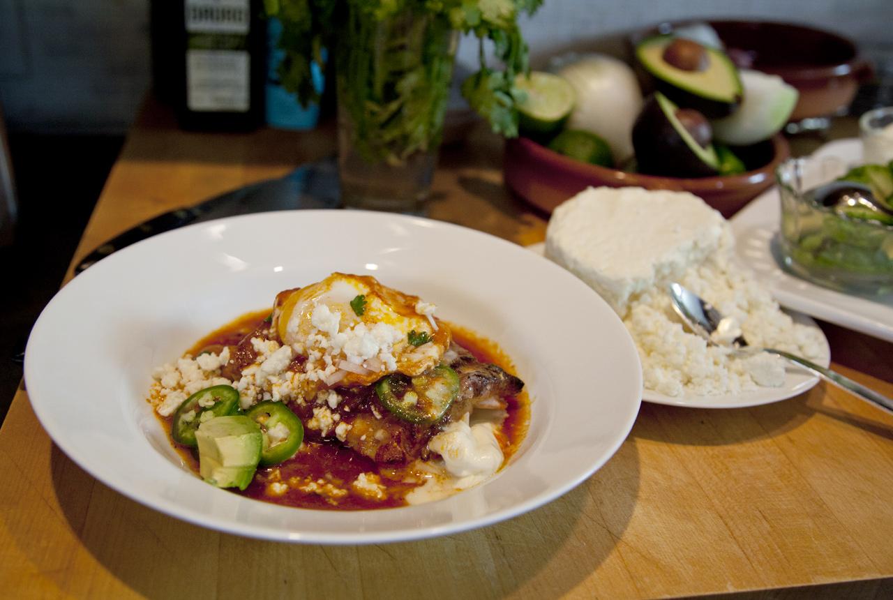Braised Chicken and Hen Eggs with Chipotle Chiles and Pinto Beans