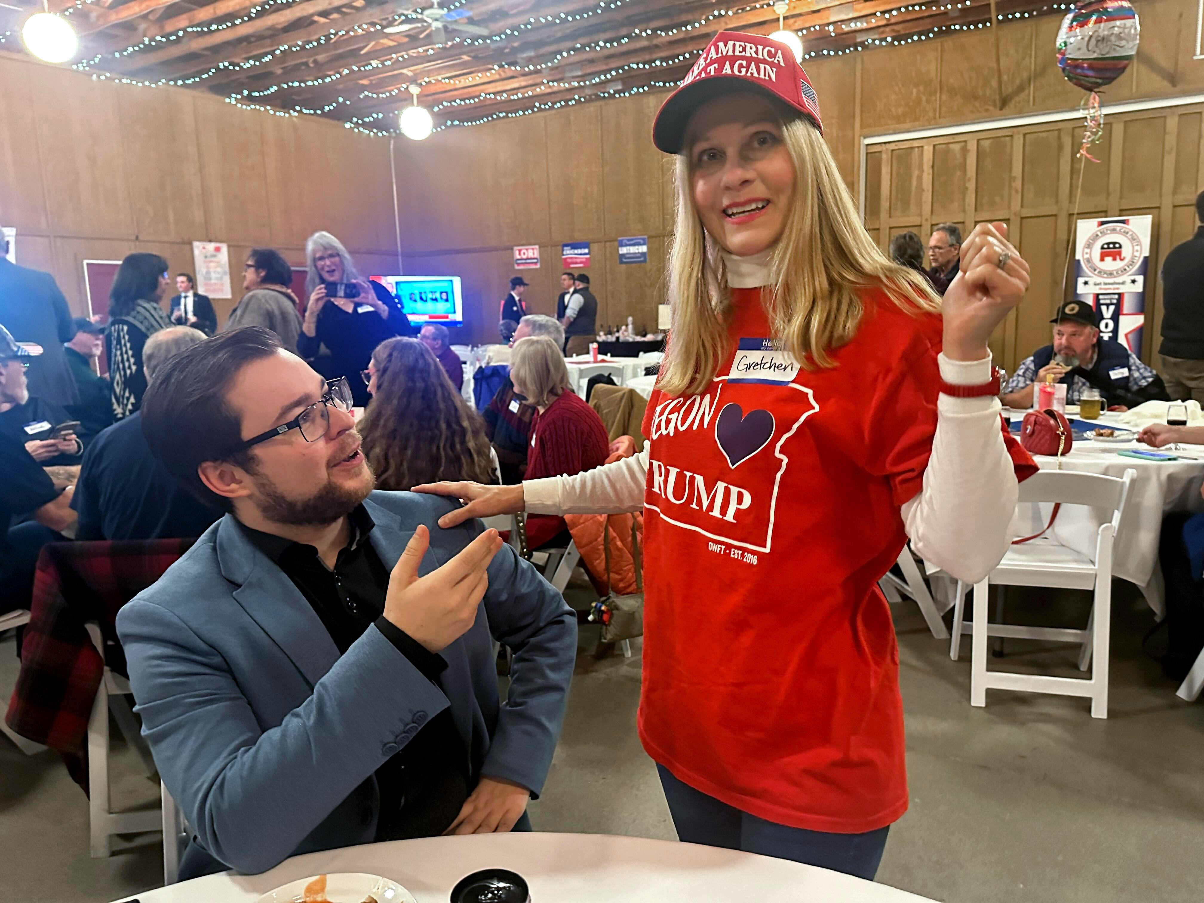 Gretchen Renard, 62, of Lake Oswego, right, says she believes former President Donald Trump is the best choice for the country as she attends the Oregon GOP watch party, held at Langdon Farms Golf Club in Aurora, Ore., Nov. 5, 2024. “He speaks the truth,” she says, “and the truth always divides.” 