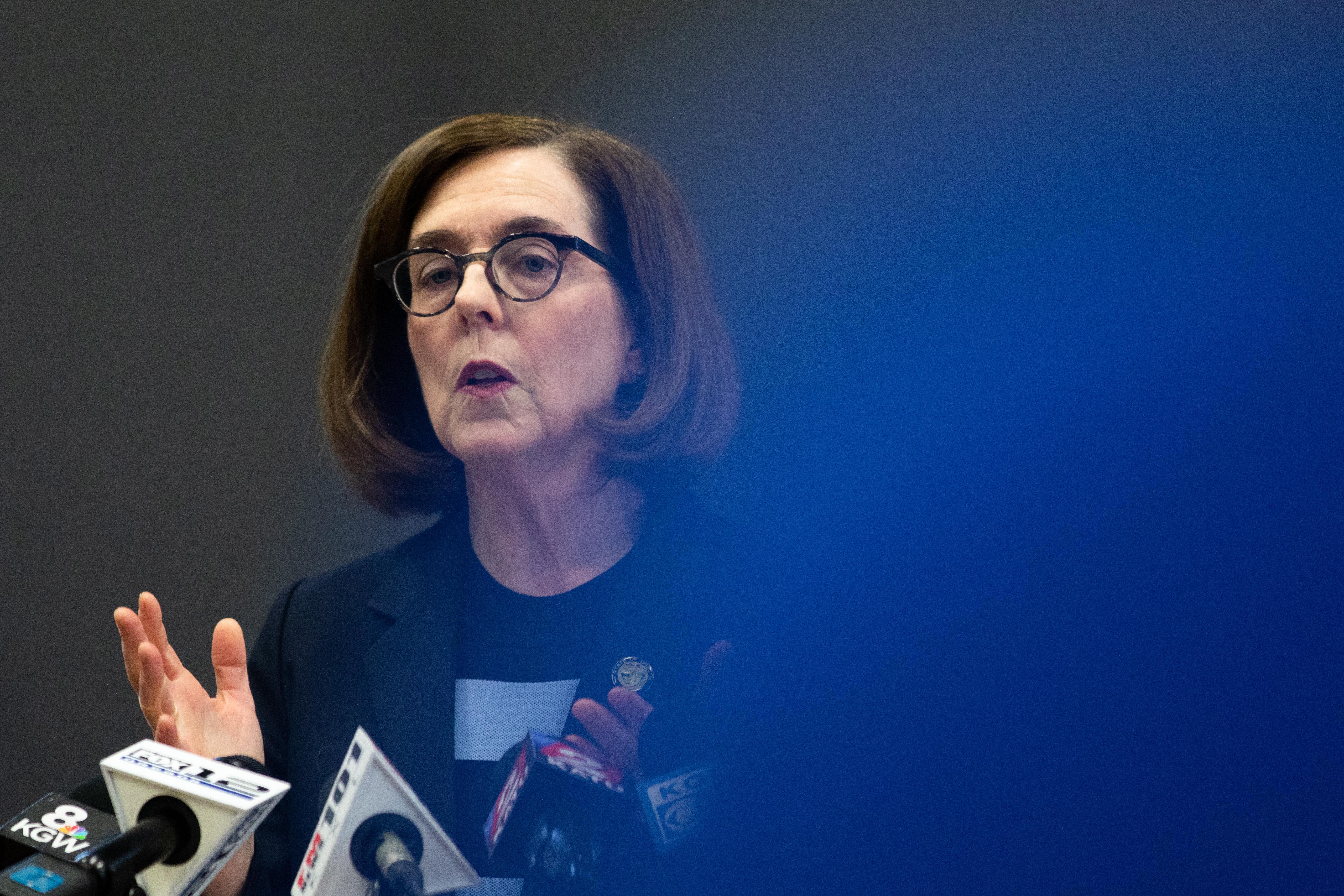 Oregon Gov. Kate Brown issues a shut down of restaurants at a press conference in Portland, Oregon, on March 16, 2020.