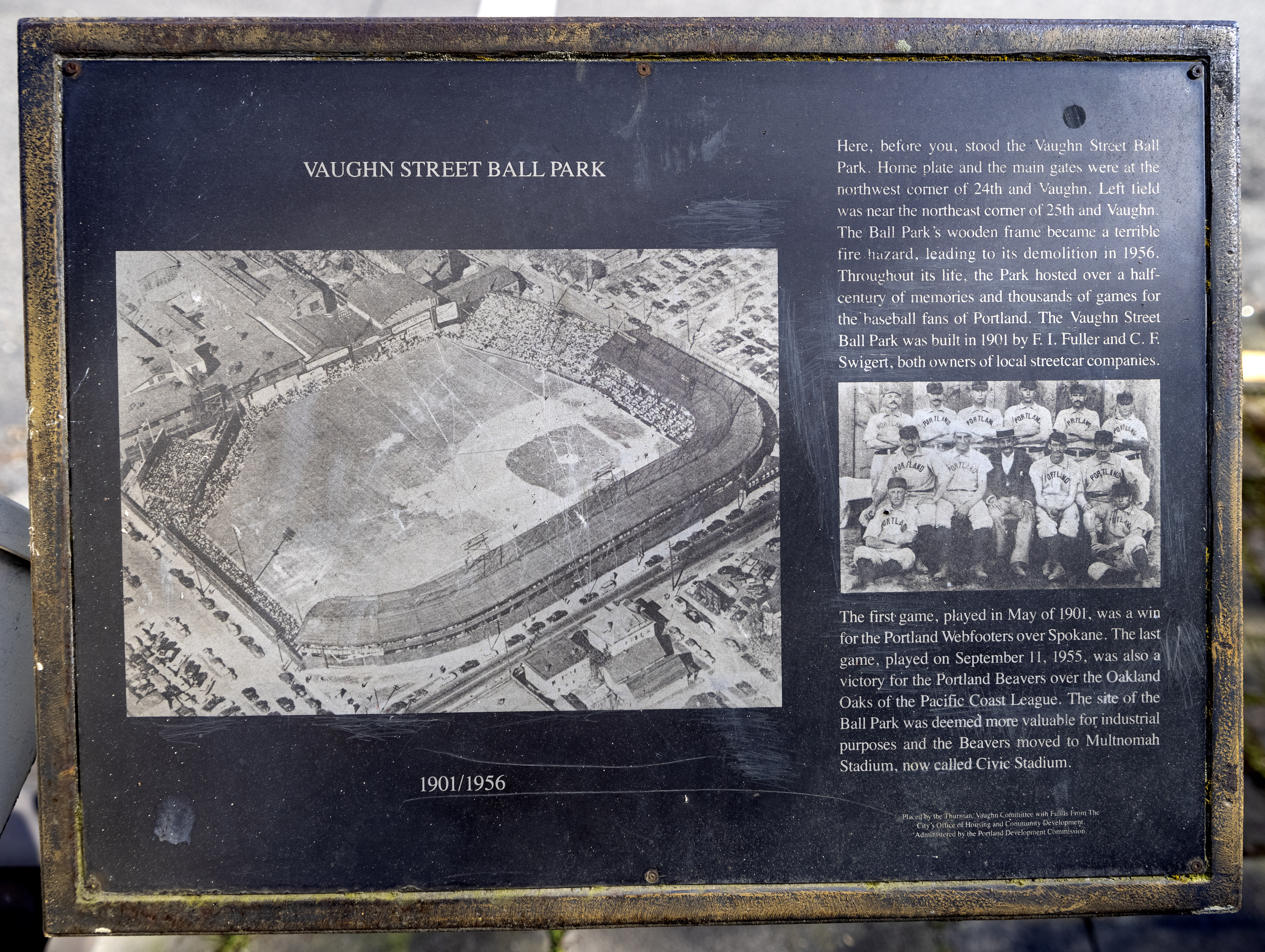 A historical marker at the intersection of NW 25th Ave. and Vaughn St. commemorates the Vaughn Street Ball Park in Portland, March 10, 2021. Left field was near the northeast corner of this location.