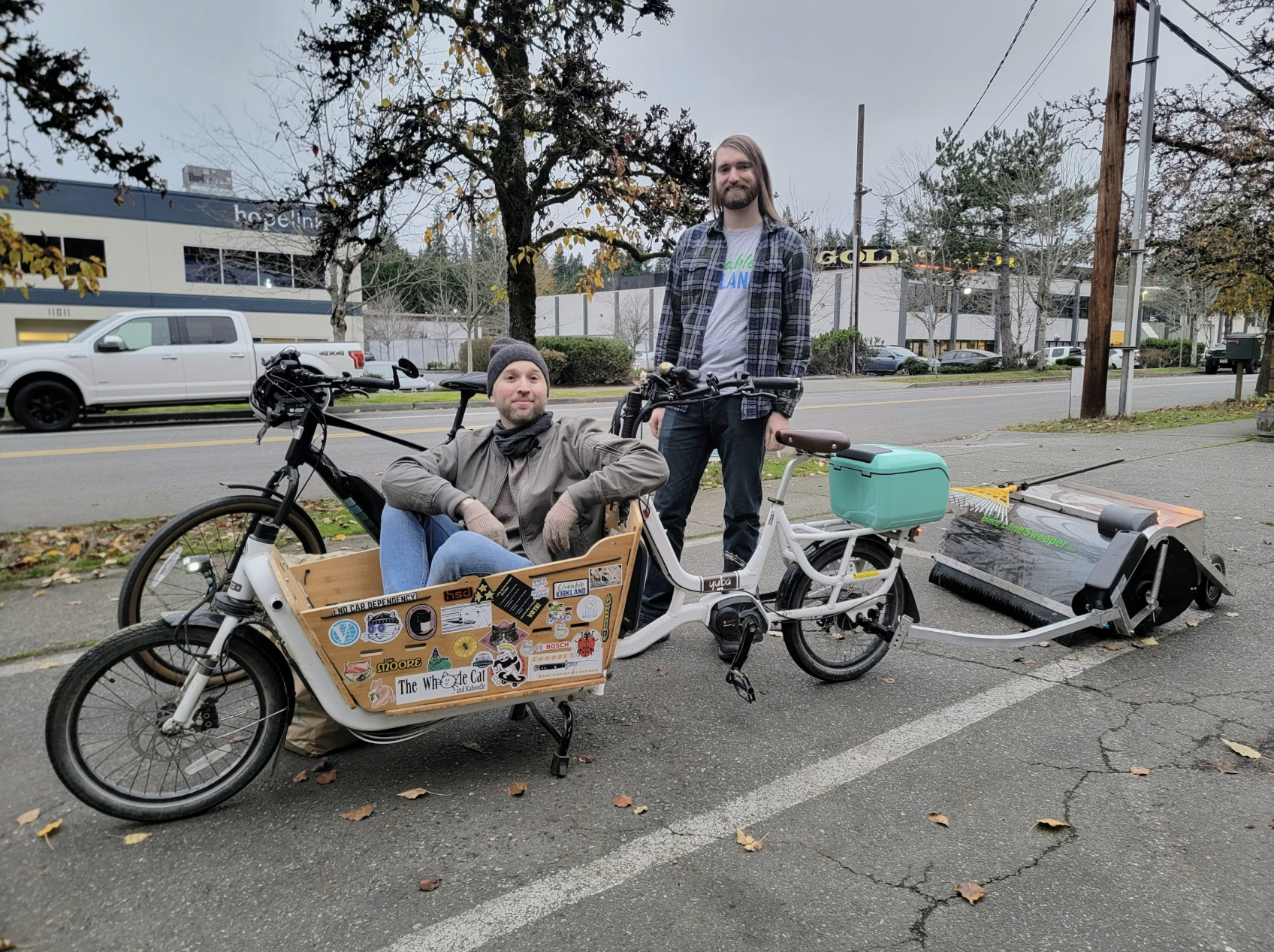 Charlie Liban, left, and Kyle Sullivan out with their e-bikes in Kirkland, Wash., on Friday, Nov. 21, 2025.