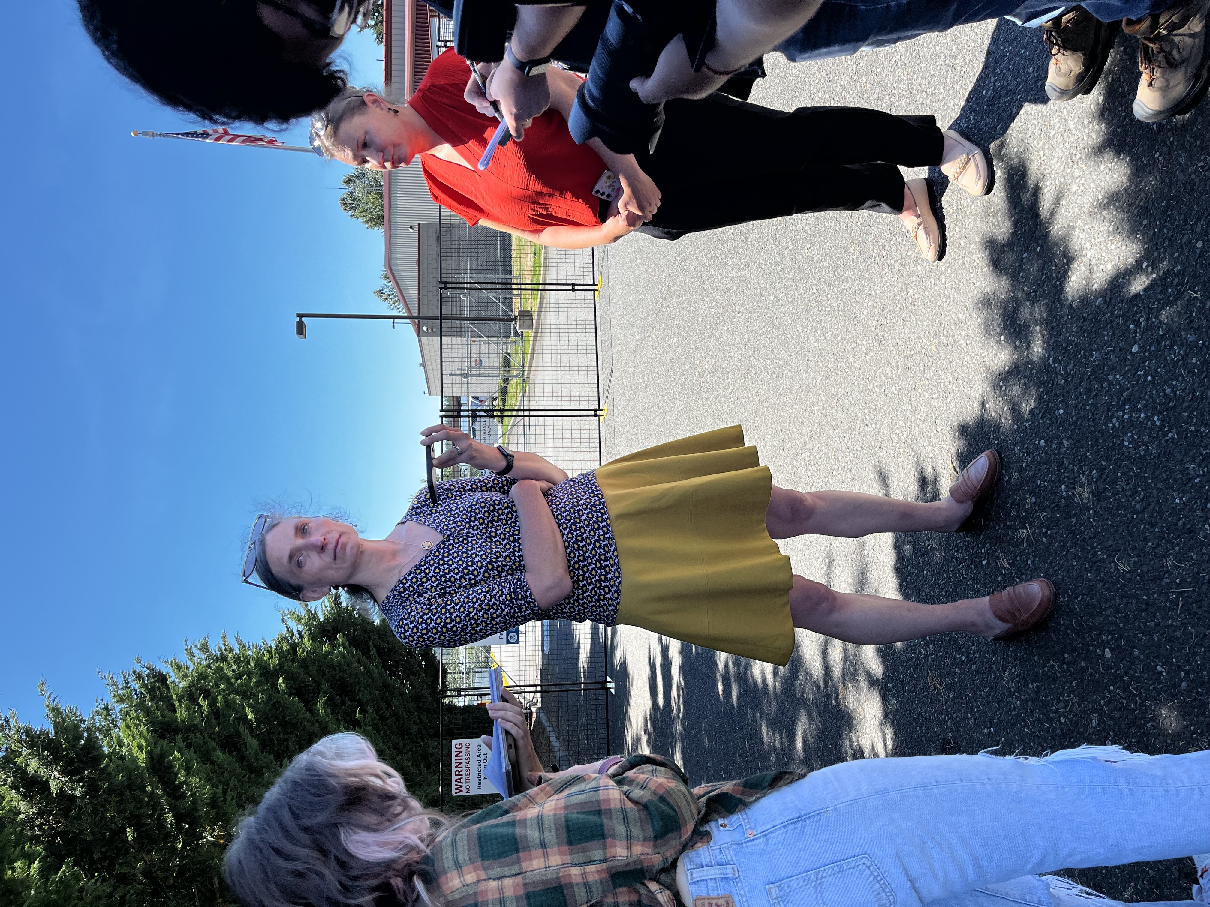 U.S. Rep. Maxine Dexter, D-Ore., speaks to reporters in front of the ICE facility near Ferndale, Wash., where Kenia Jackeline Merlos and her four children have been detained.