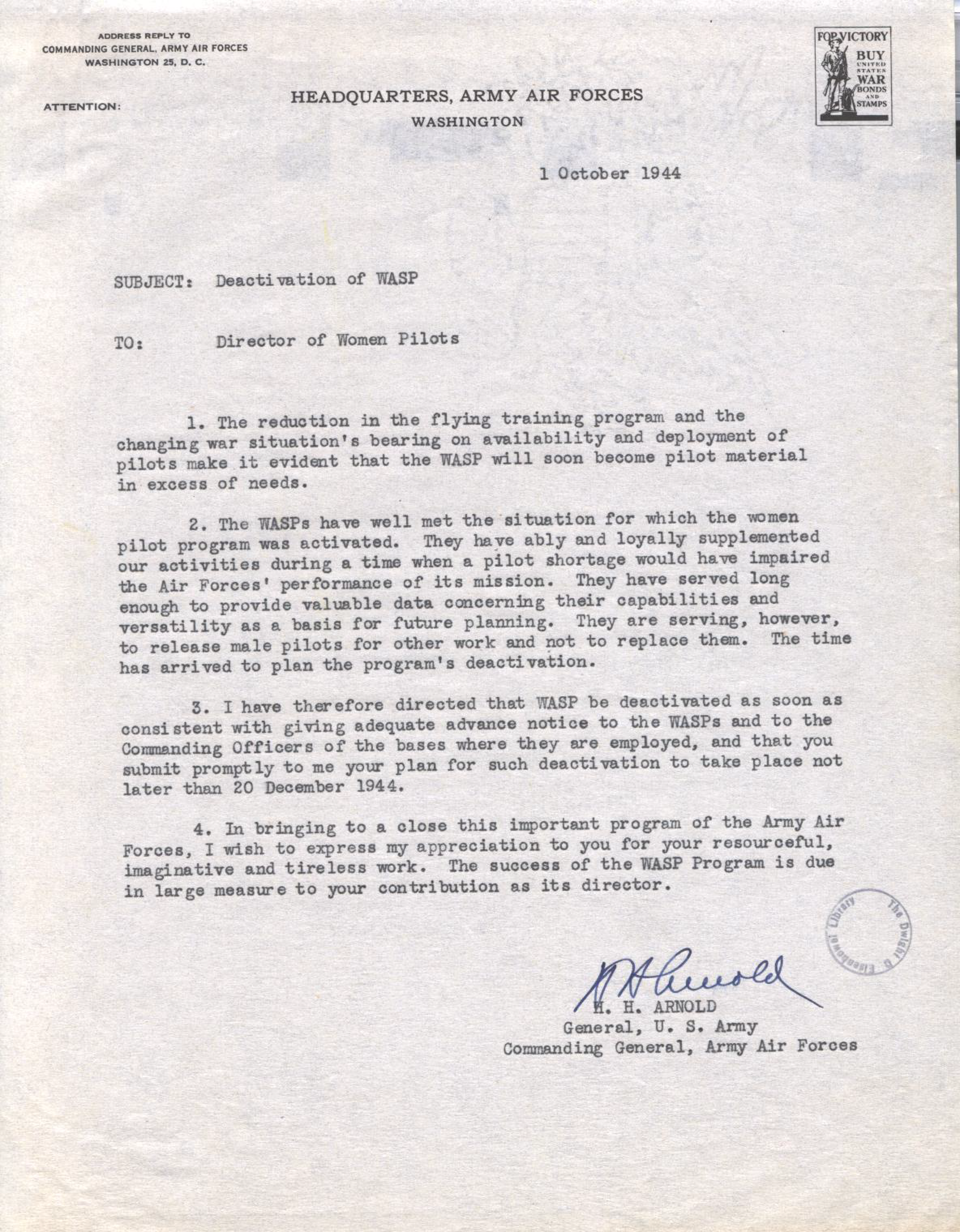 Memo from U.S. Army Commanding General Hap Arnold to Jacqueline Cochran instructing her to deactivate the WASP, sent on Oct. 1, 1944.