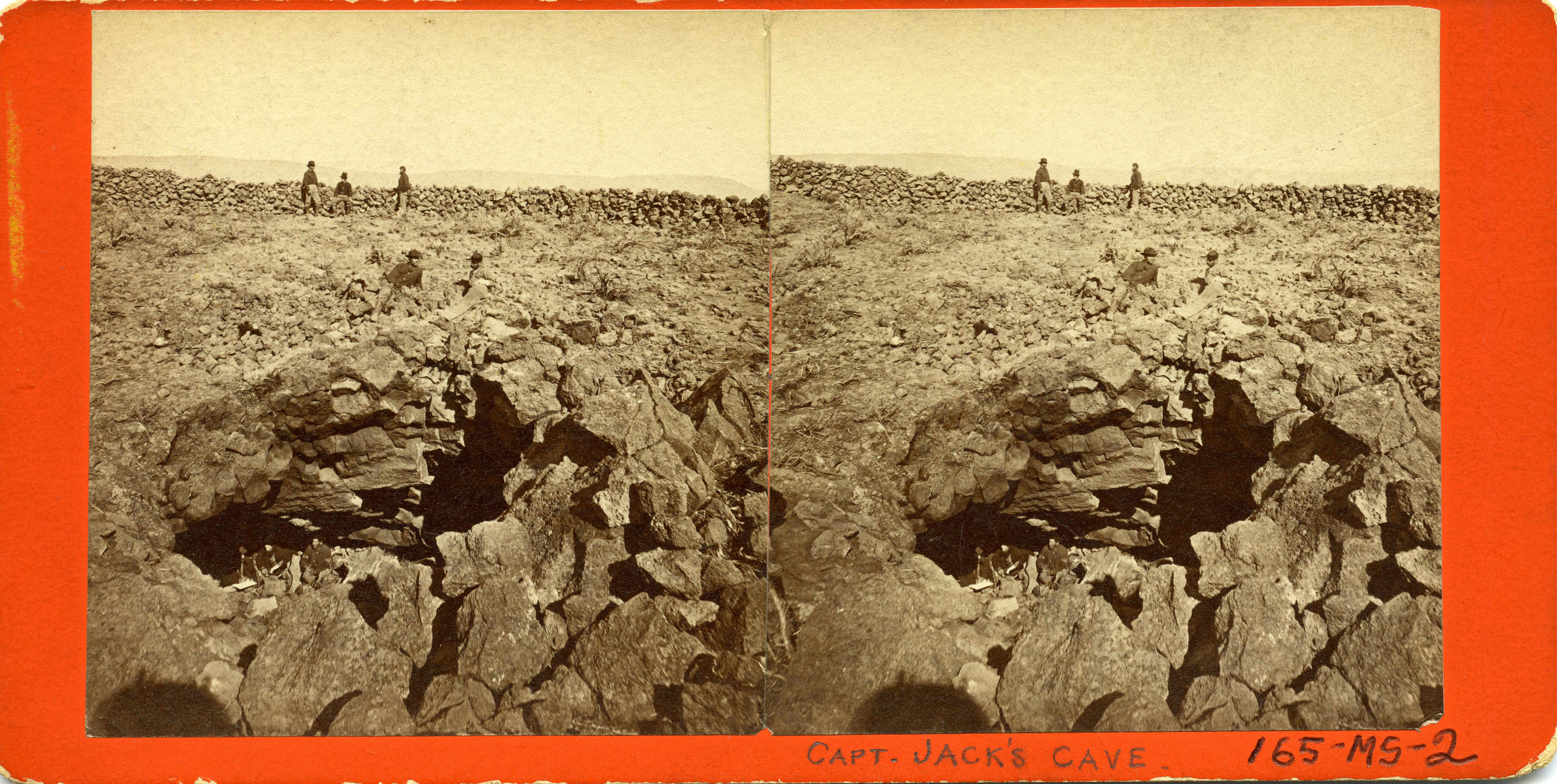 In this image from 1873, soldiers inspect Captain Jack's Stronghold at the end of the Modoc War.