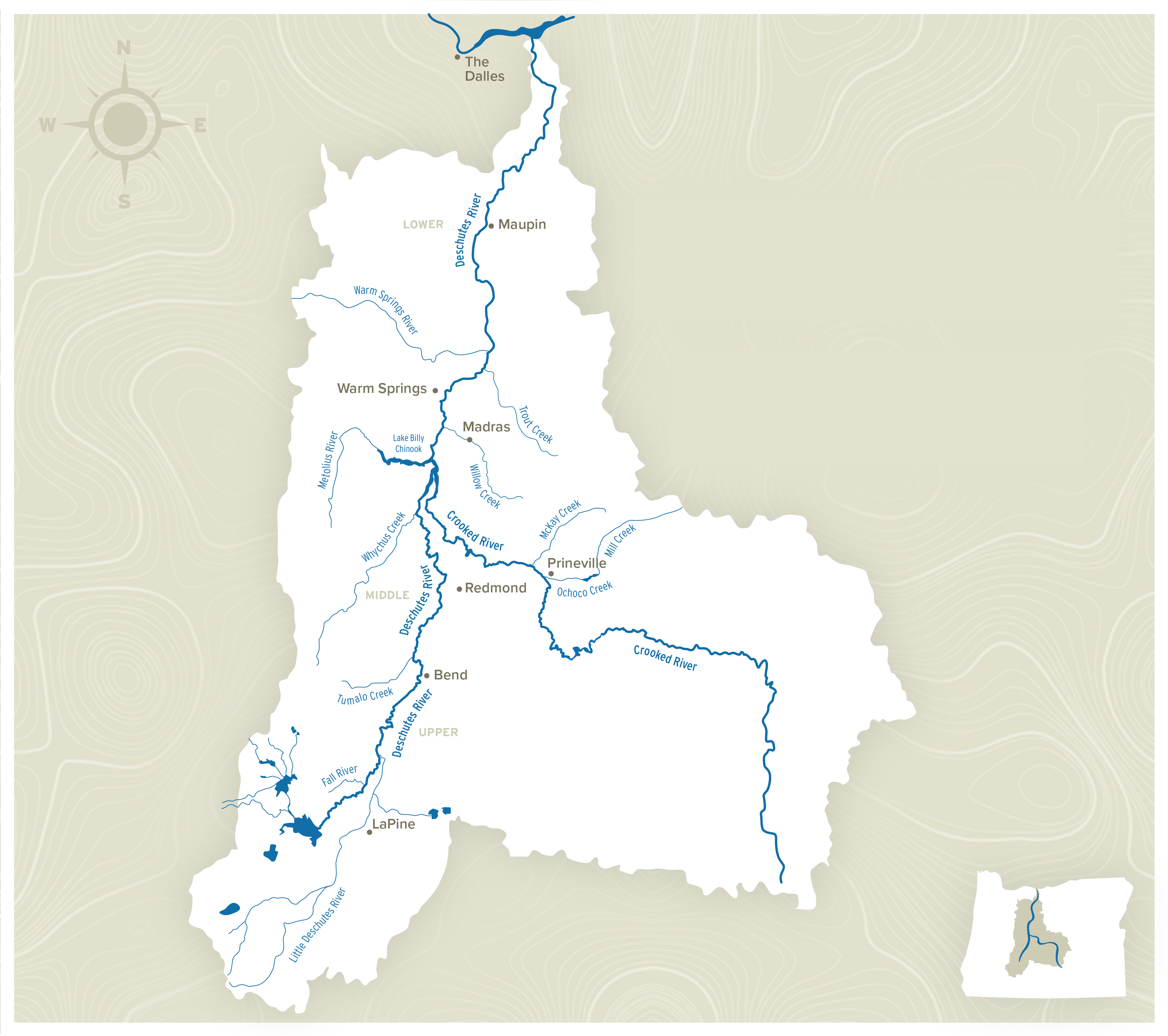 A map of the Deschutes River Basin, which geologists believe has been flowing a similar course for at least 7 million years, carving canyons on its way to meet the Columbia River, and eventually the Pacific Ocean.